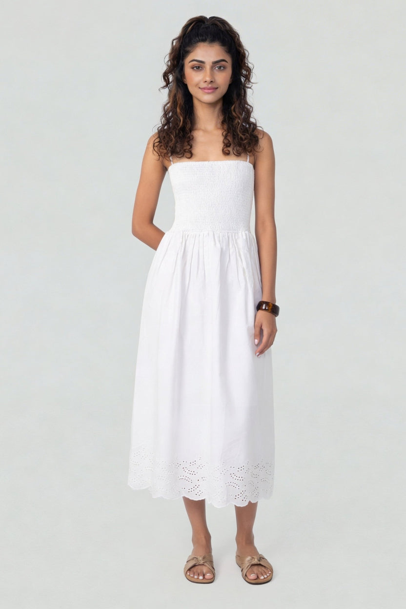 White Embroidered Shoulder Strap Regular Fit Dress for Women - Image 5