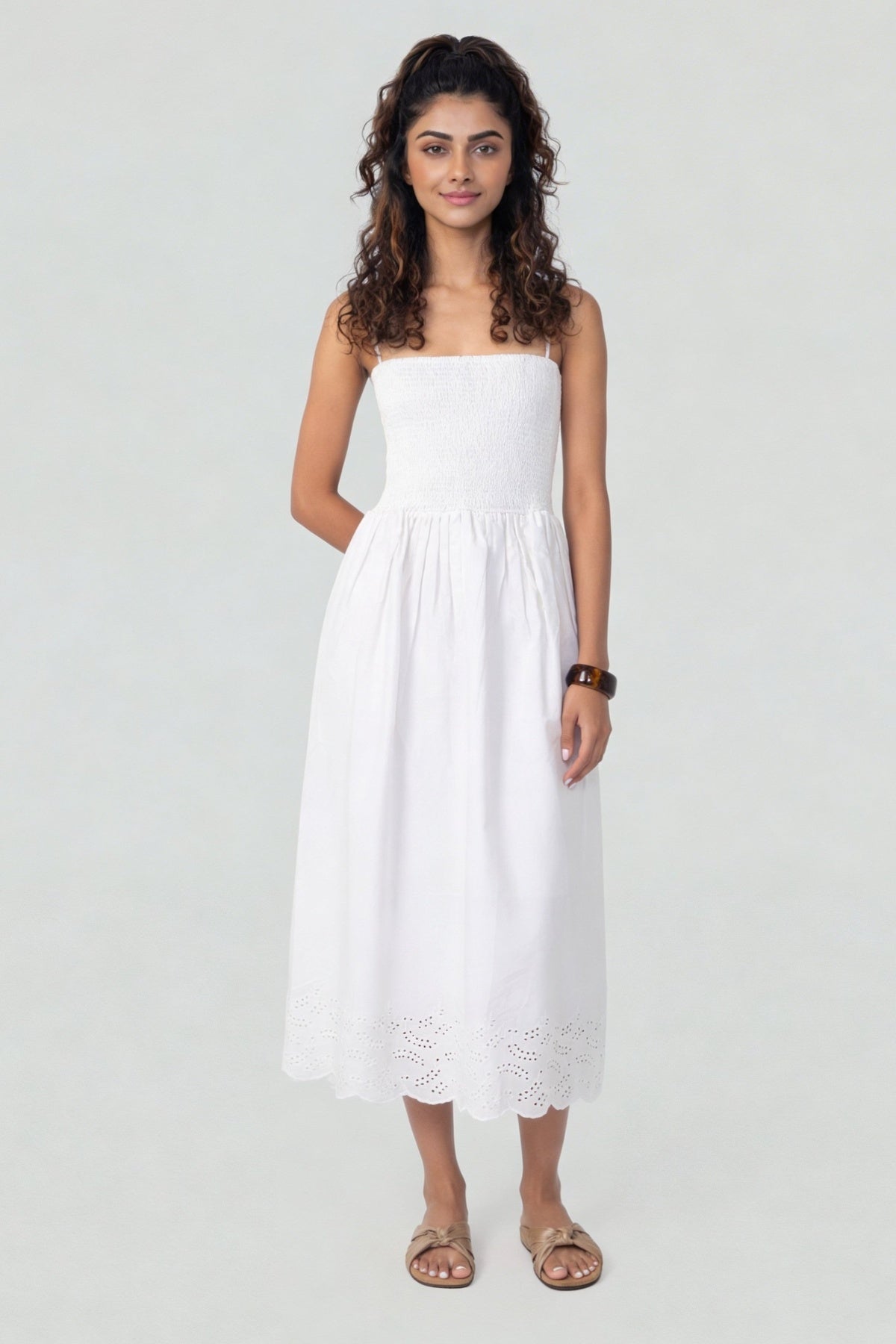 White Embroidered Shoulder Strap Regular Fit Dress for Women - Image 5