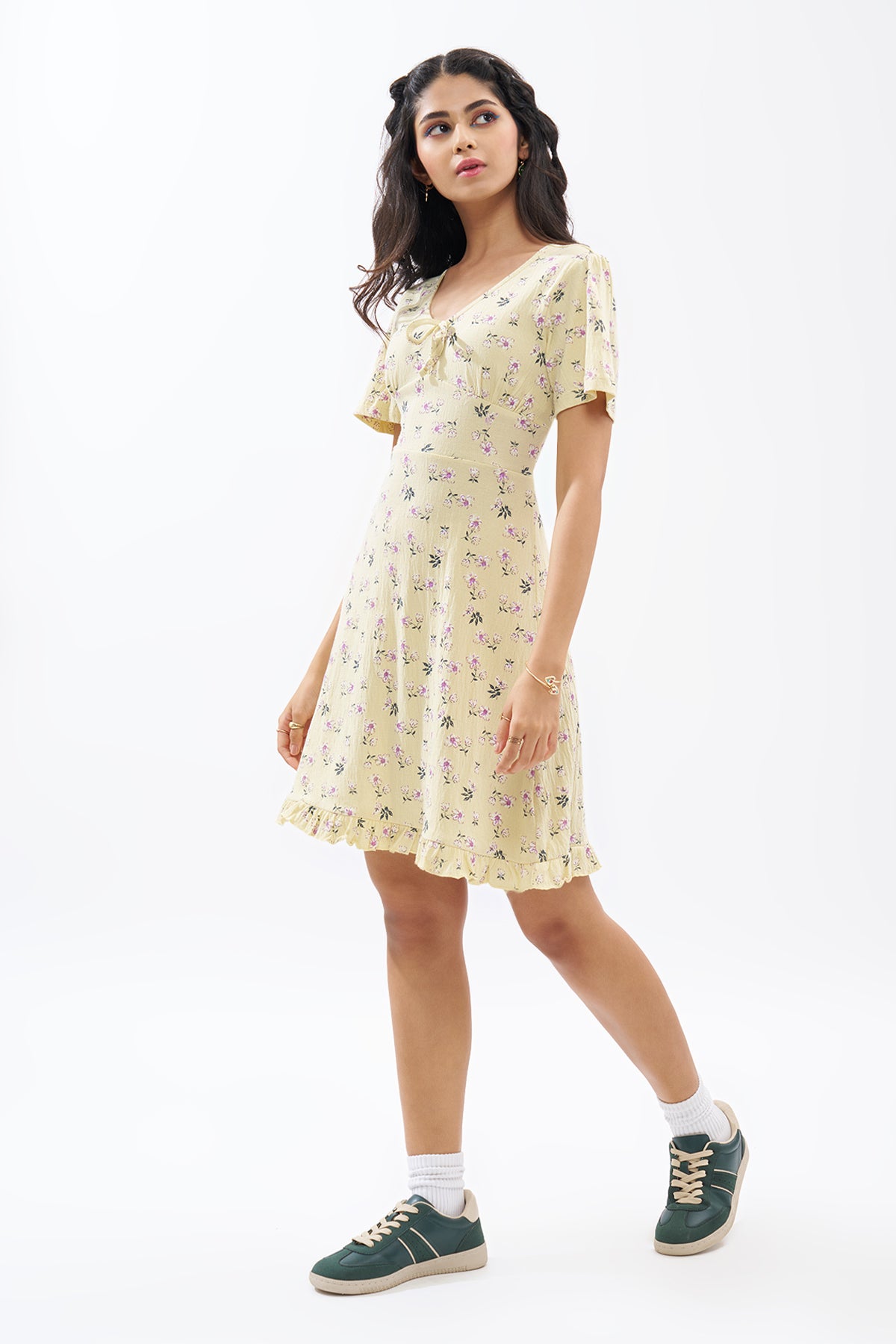 Light Yellow Floral Print Dress for Women - Image 4