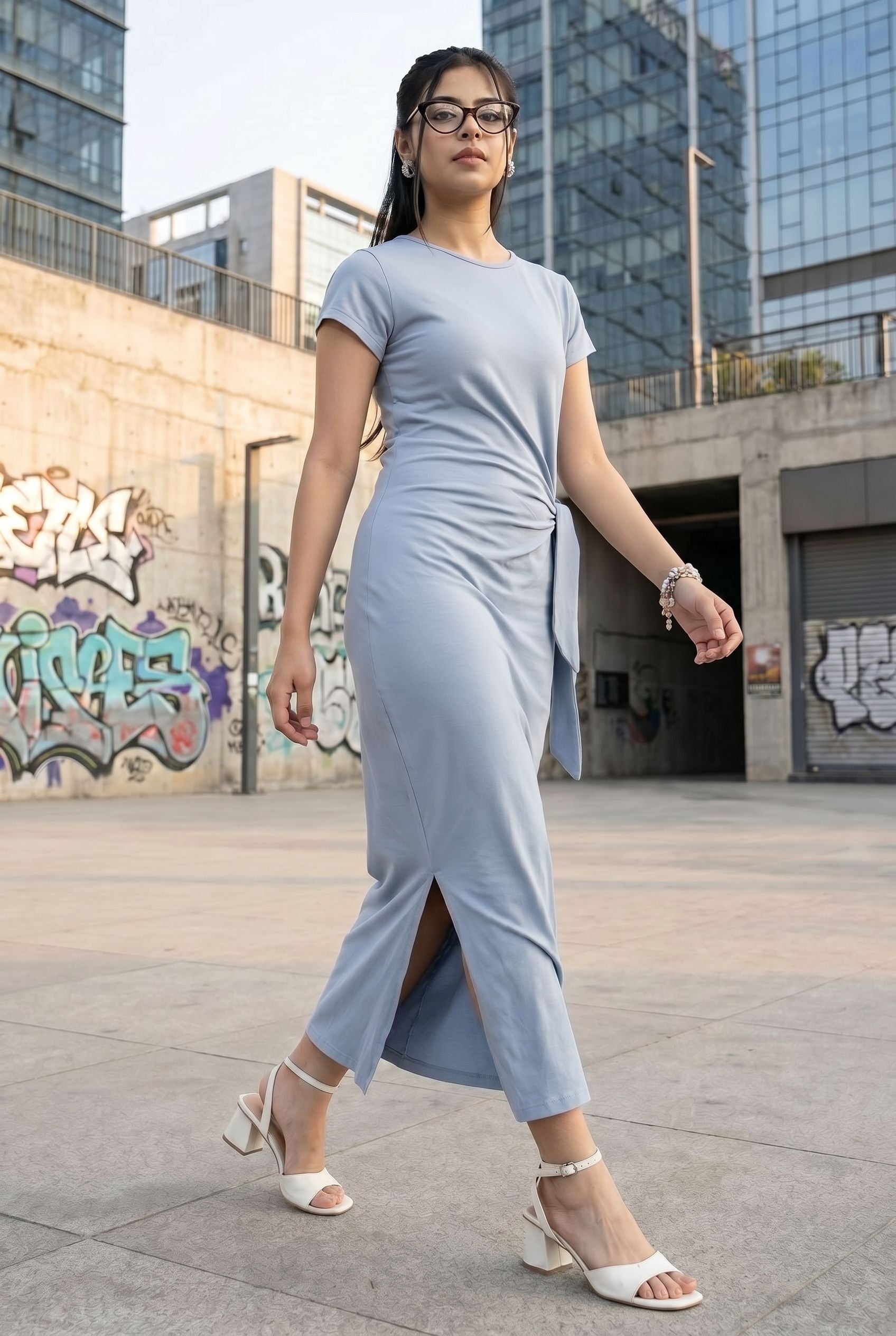 Light Blue Tied Up Regular Fit Dress for Women - Image 1