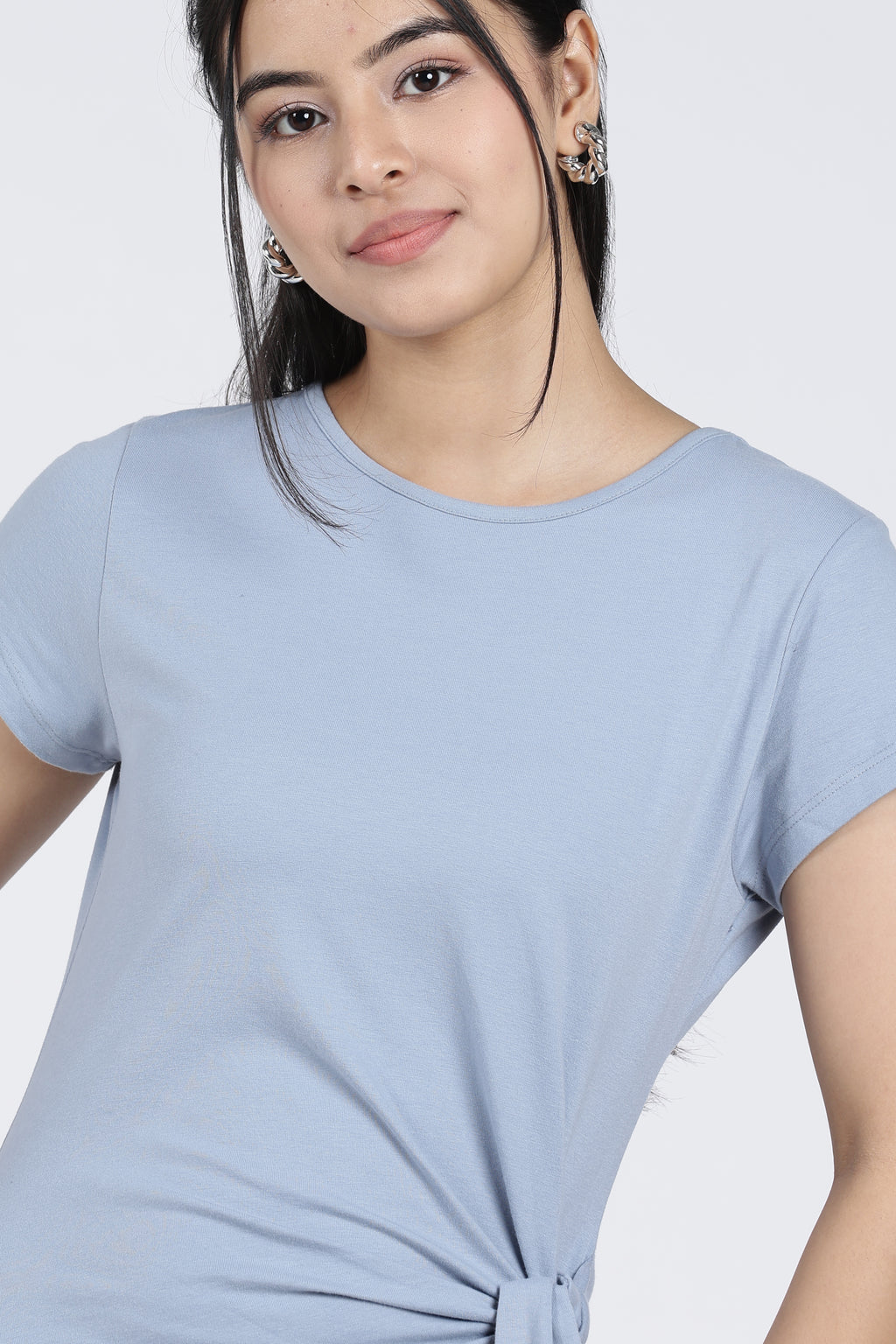 Light Blue Tied Up Regular Fit Dress for Women - Image 3
