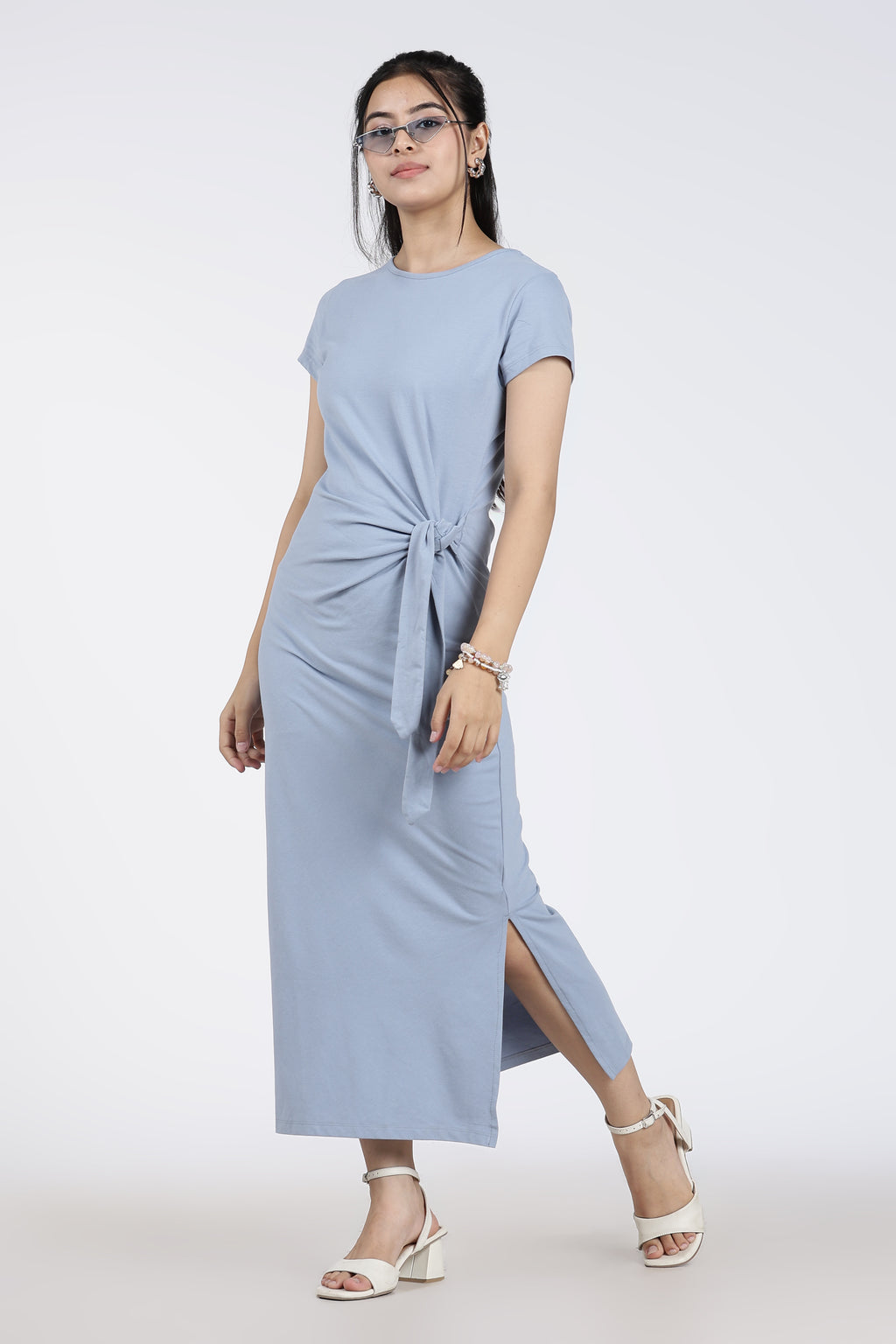 Light Blue Tied Up Regular Fit Dress for Women - Image 4