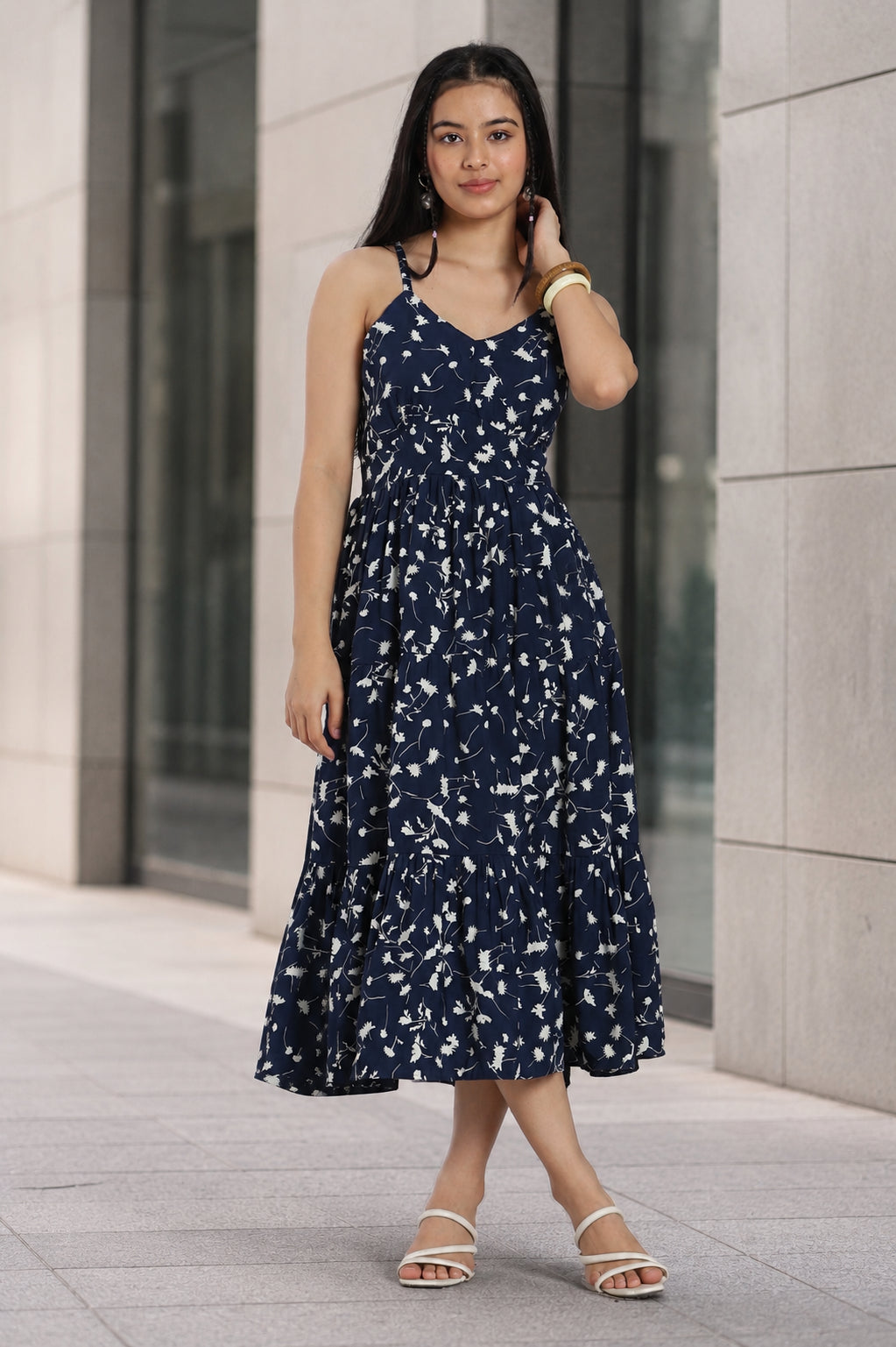 Navy Shoulder Straps Sleeves Regular Fit Dress For Women - Image 1