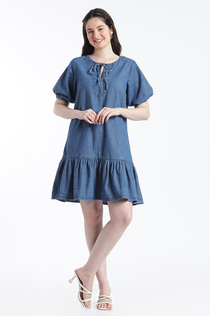 Light Blue Tied Up Relaxed Fit Dress for Women - Image 2
