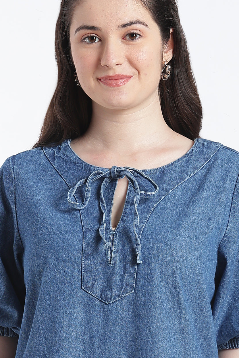 Light Blue Tied Up Relaxed Fit Dress for Women - Image 3