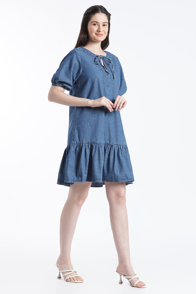 Light Blue Tied Up Relaxed Fit Dress for Women - Image 4
