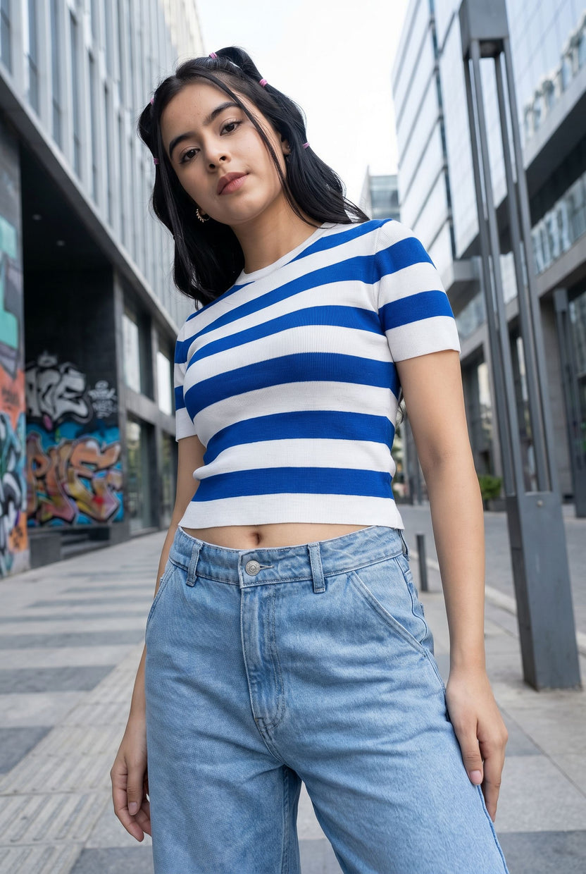 Blue Stripes Regular Fit Top for Women - Image 1