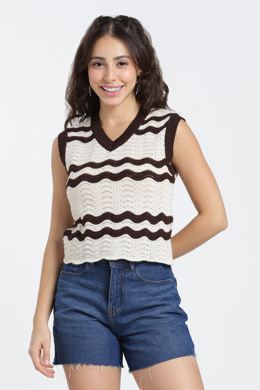 Cream Knitted Slim Fit Top for Women - Image 2