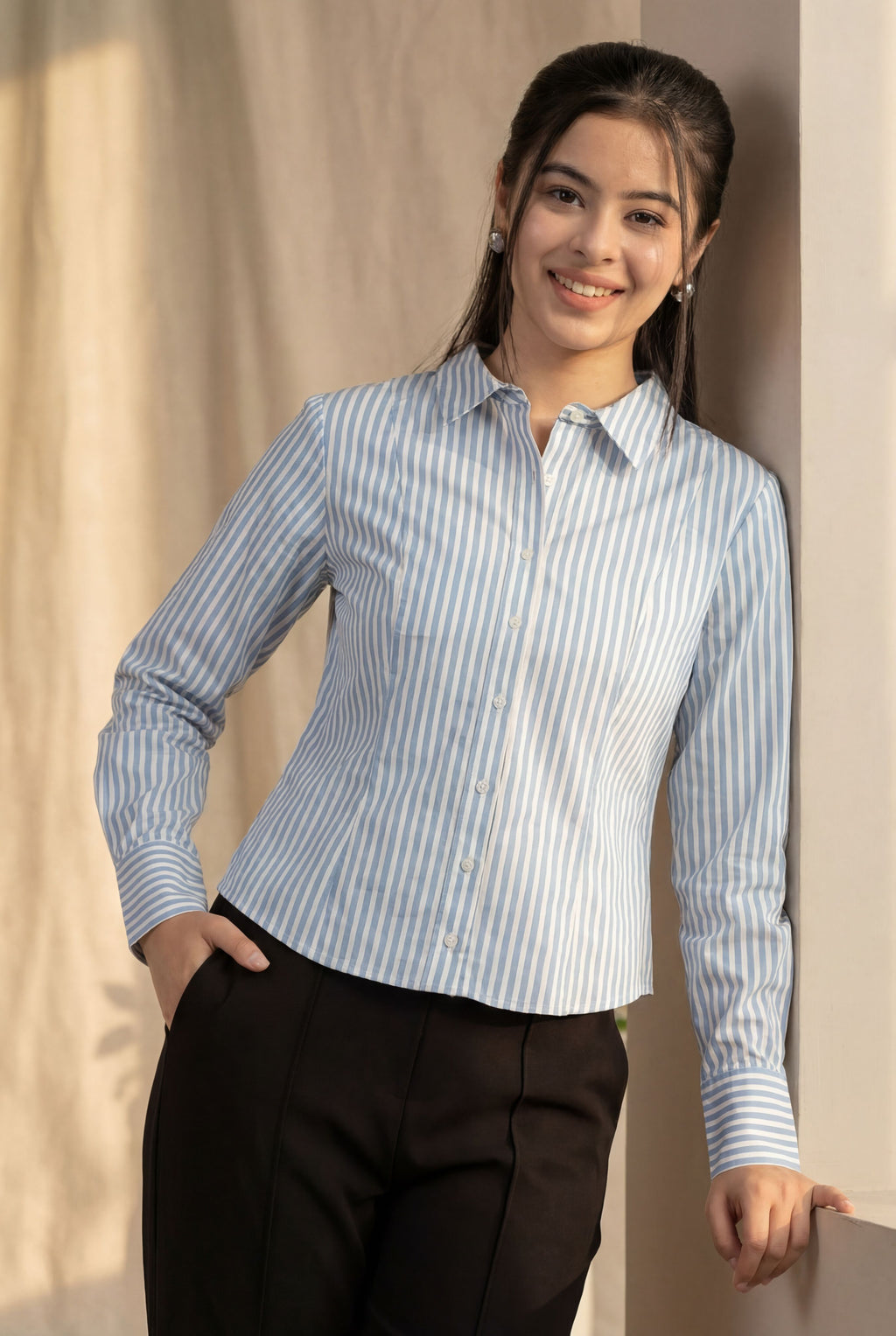 Light Blue Stripes Regular Fit Shirt for Women - Image 1
