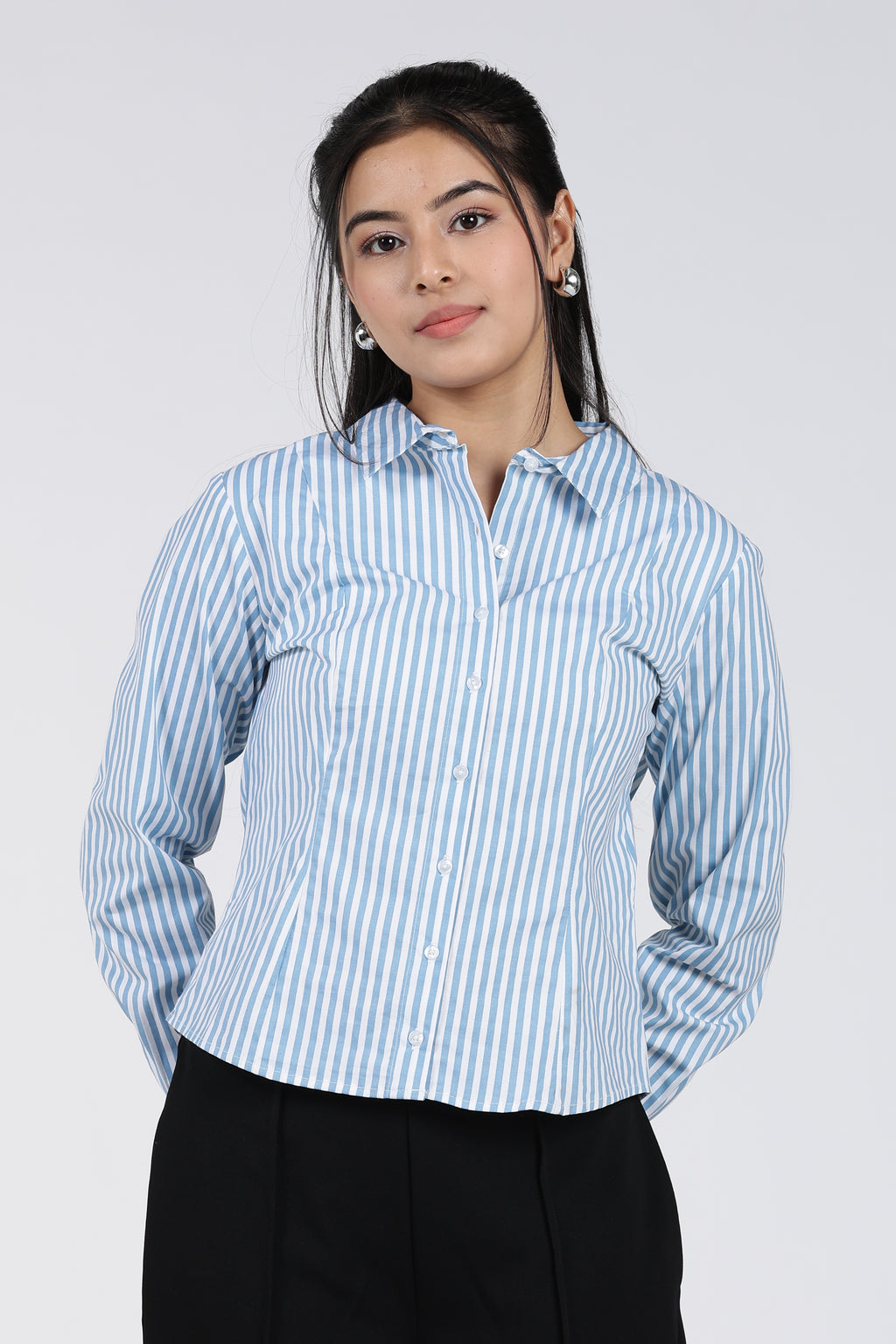 Light Blue Stripes Regular Fit Shirt for Women - Image 2