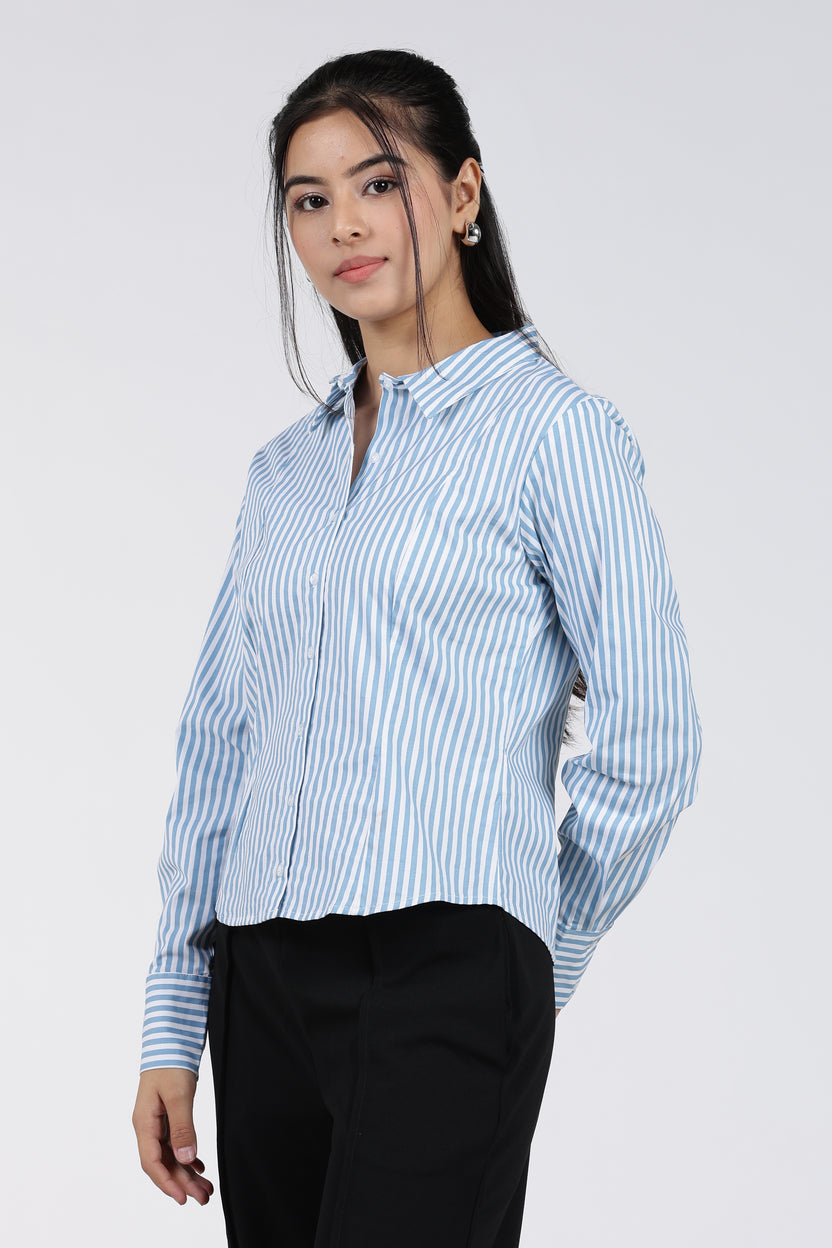 Light Blue Stripes Regular Fit Shirt for Women - Image 4