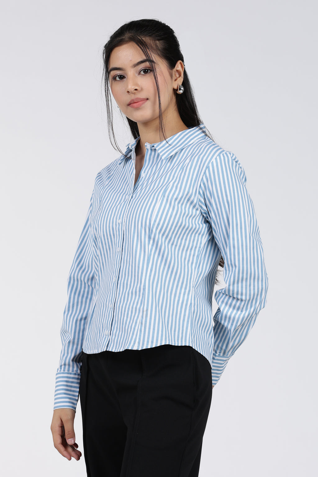 Light Blue Stripes Regular Fit Shirt for Women - Image 4