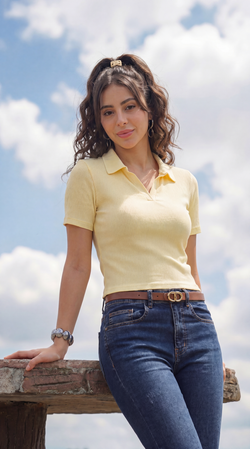 Yellow Cotton Blend Regular Fit Polo T-Shirt for Women - Image 1