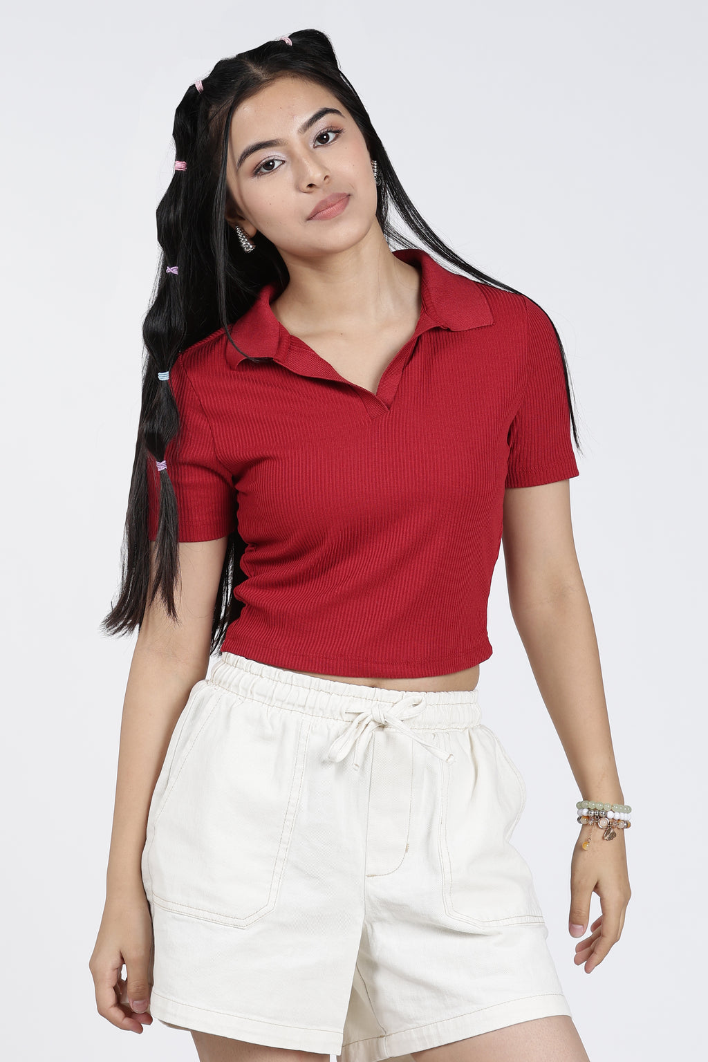 Red Cotton Blend Regular Fit Polo T-Shirt for Women - Image 2