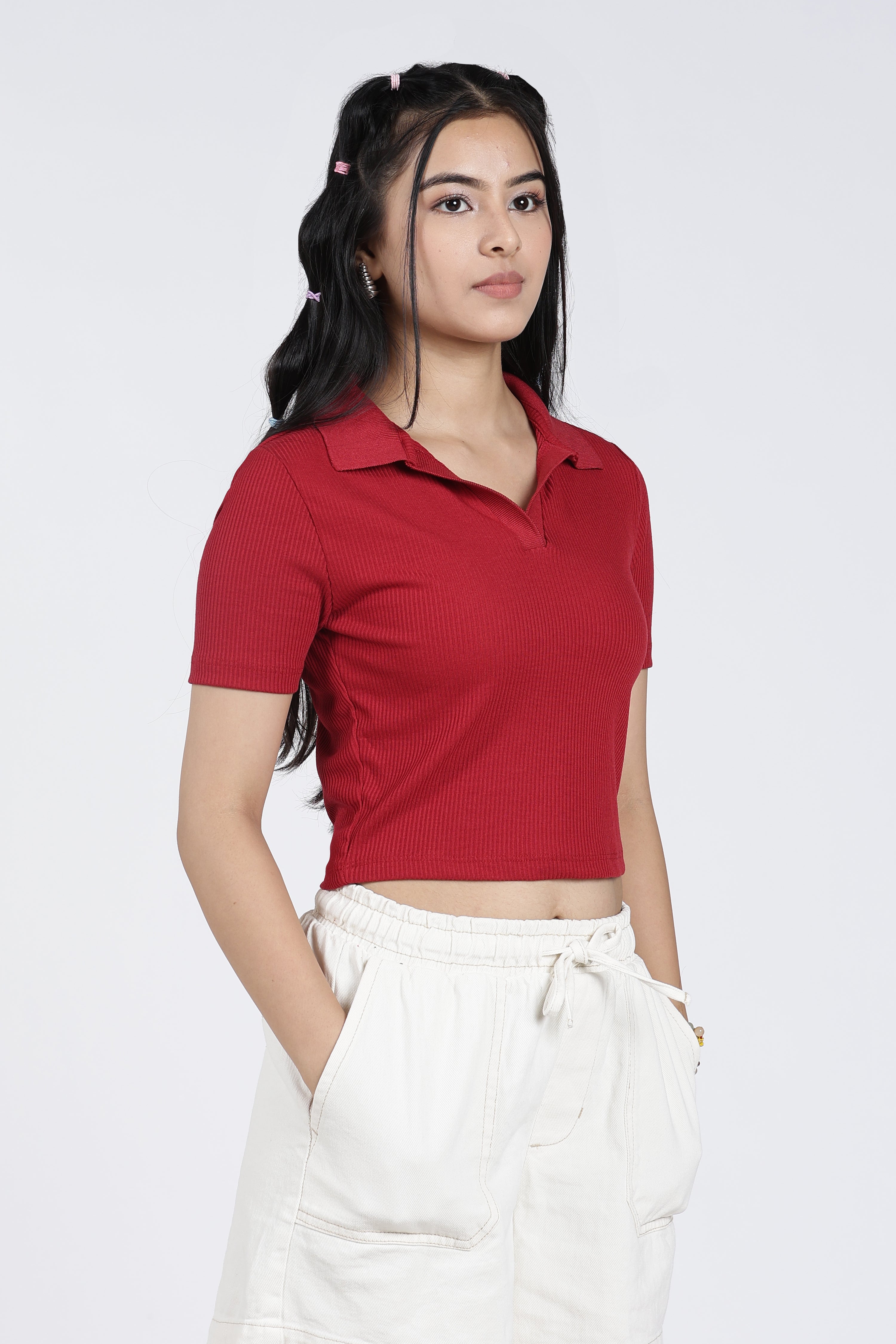 Red Cotton Blend Regular Fit Polo T-Shirt for Women - Image 4