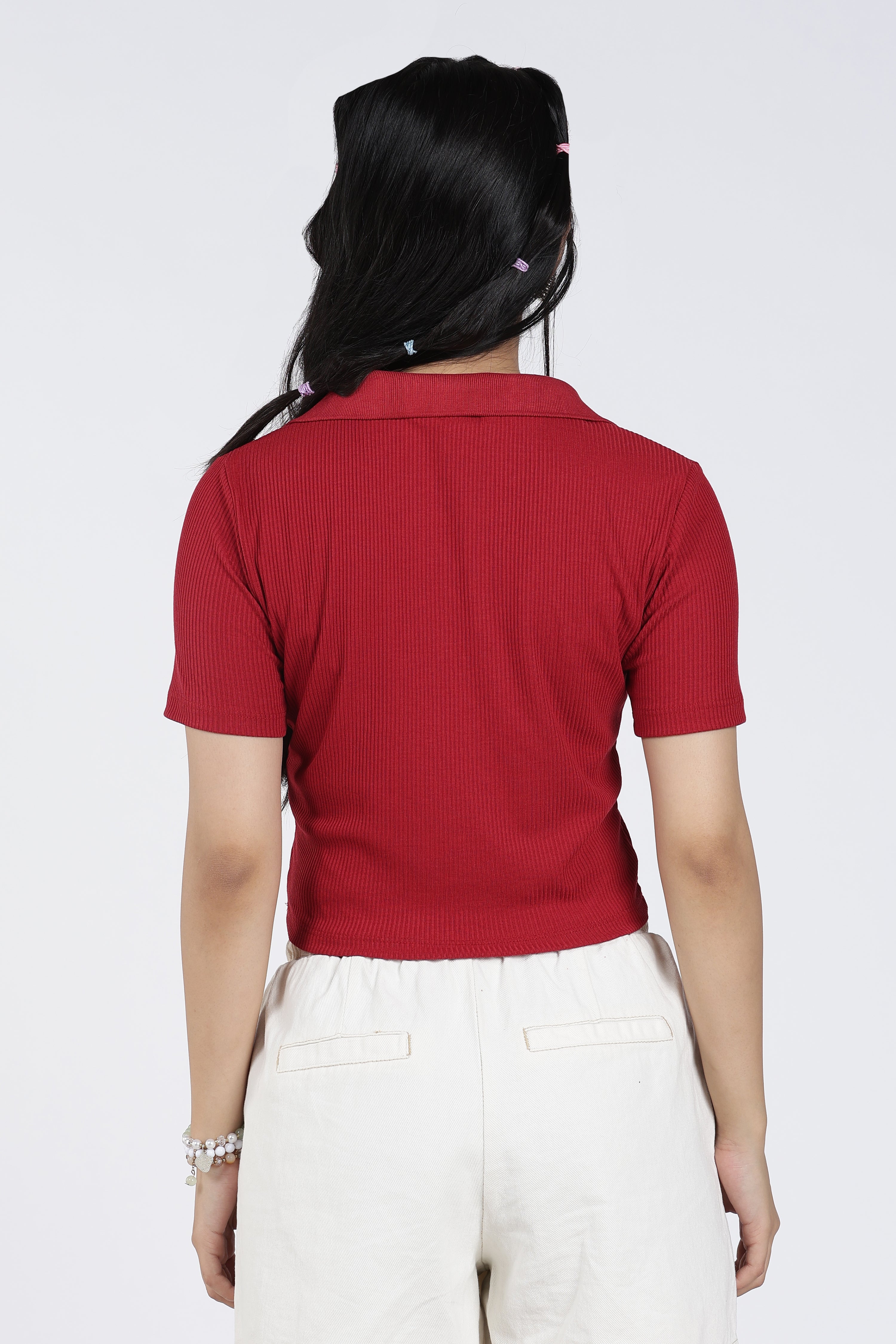 Red Cotton Blend Regular Fit Polo T-Shirt for Women - Image 5