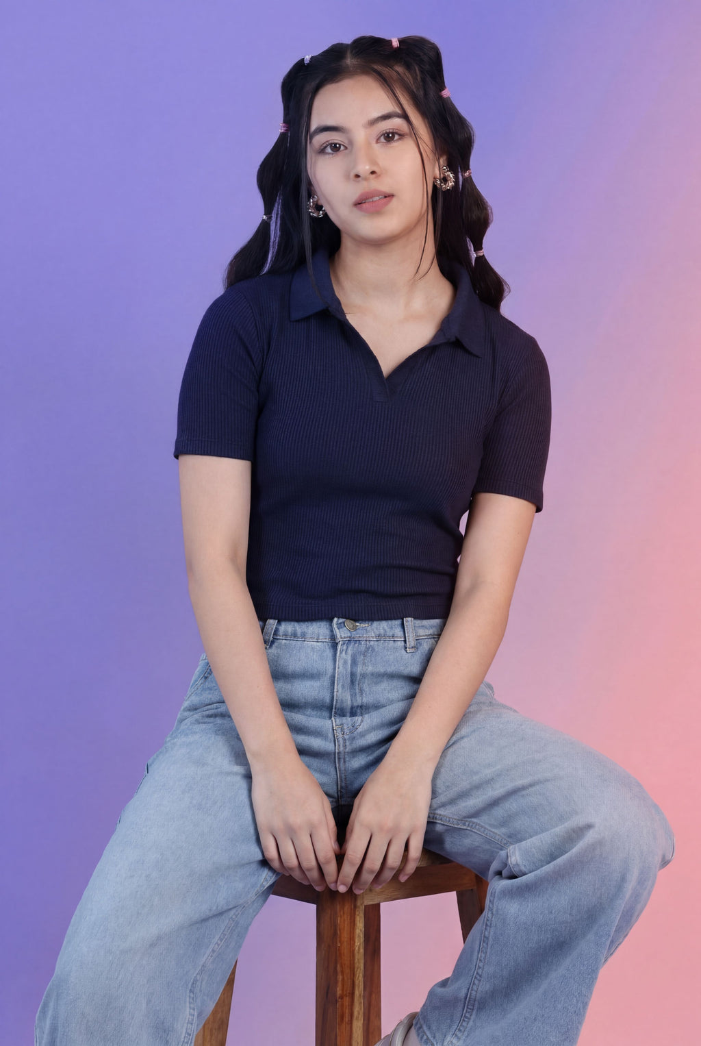 Navy Cotton Blend Regular Fit Polo T-Shirt for Women - Image 1