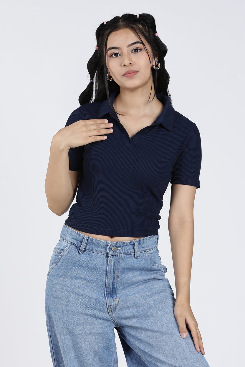 Navy Cotton Blend Regular Fit Polo T-Shirt for Women - Image 2
