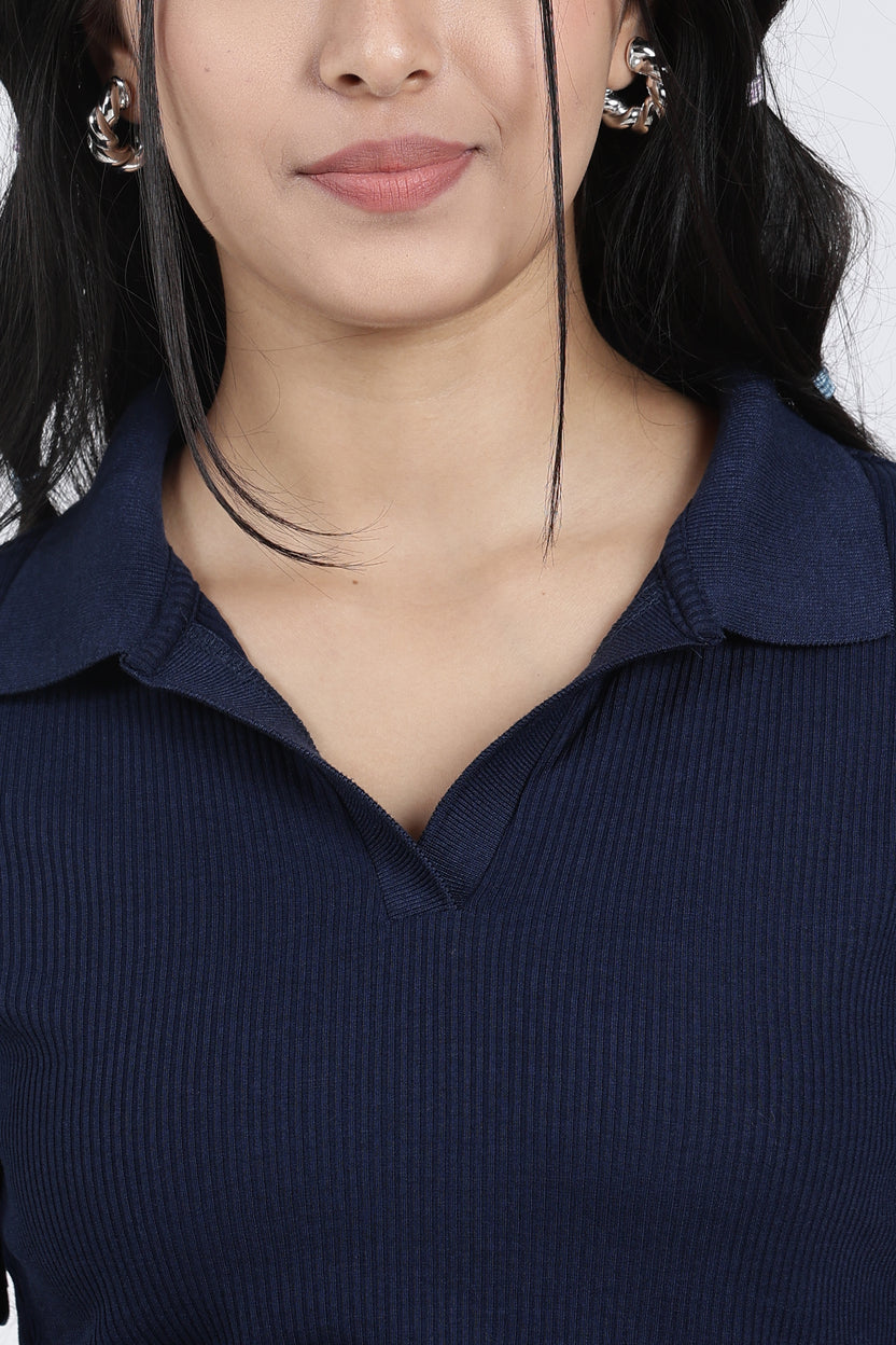 Navy Cotton Blend Regular Fit Polo T-Shirt for Women - Image 3