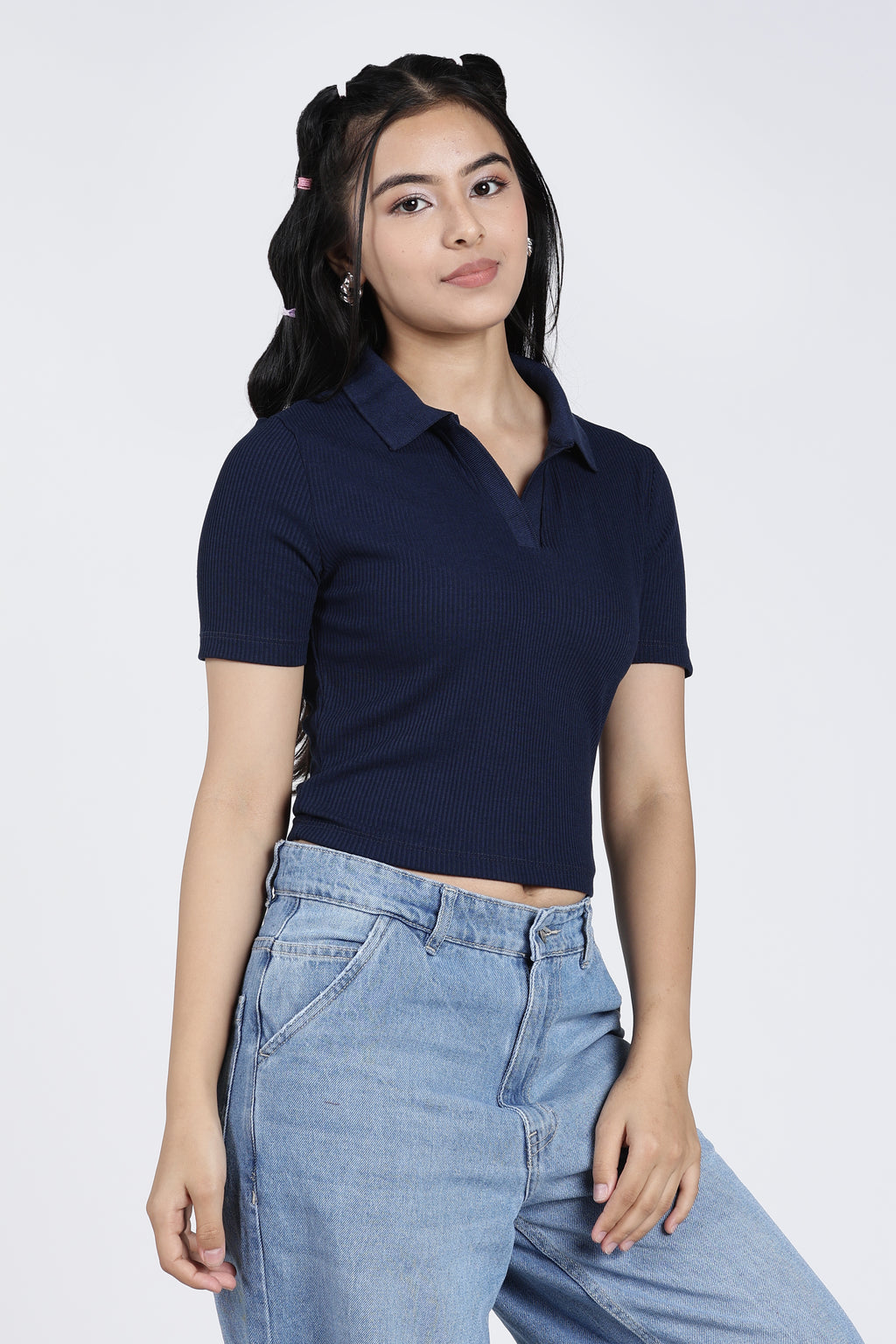 Navy Cotton Blend Regular Fit Polo T-Shirt for Women - Image 4