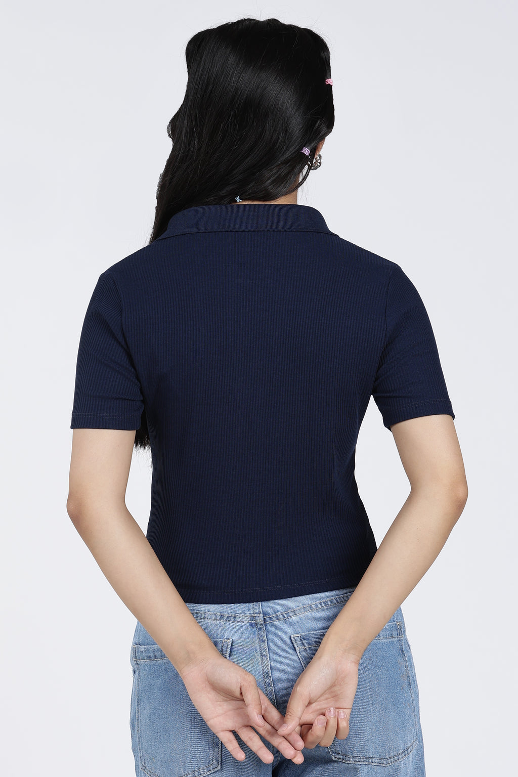 Navy Cotton Blend Regular Fit Polo T-Shirt for Women - Image 5