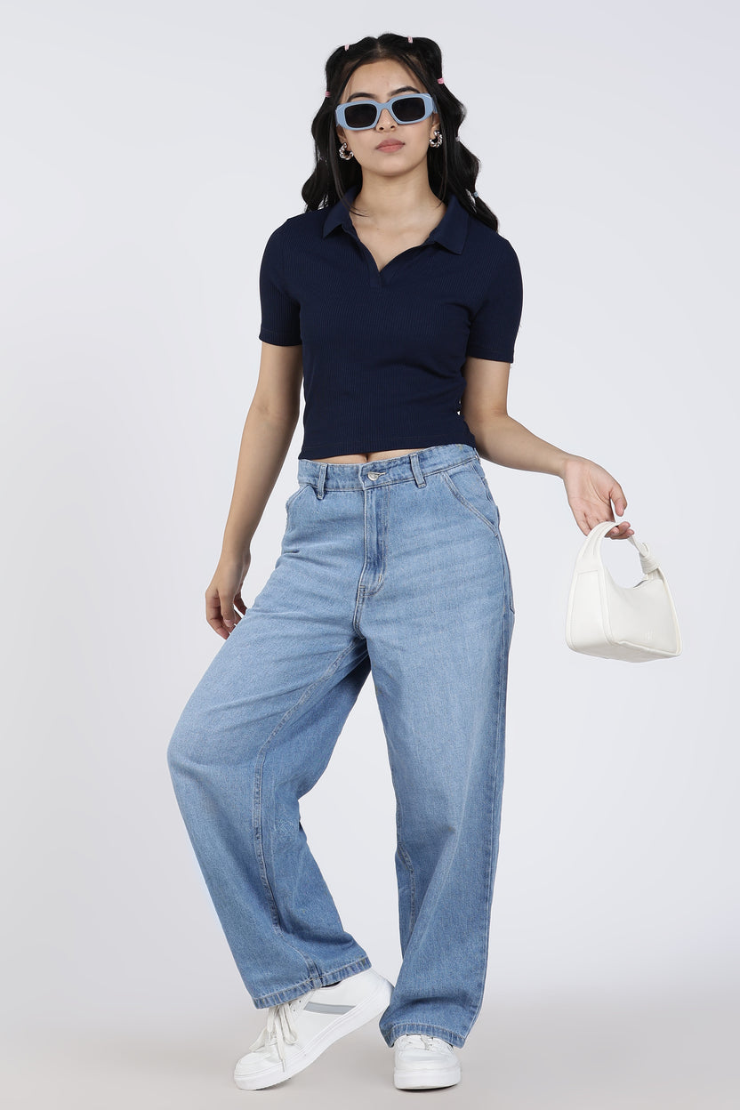 Navy Cotton Blend Regular Fit Polo T-Shirt for Women - Image 6