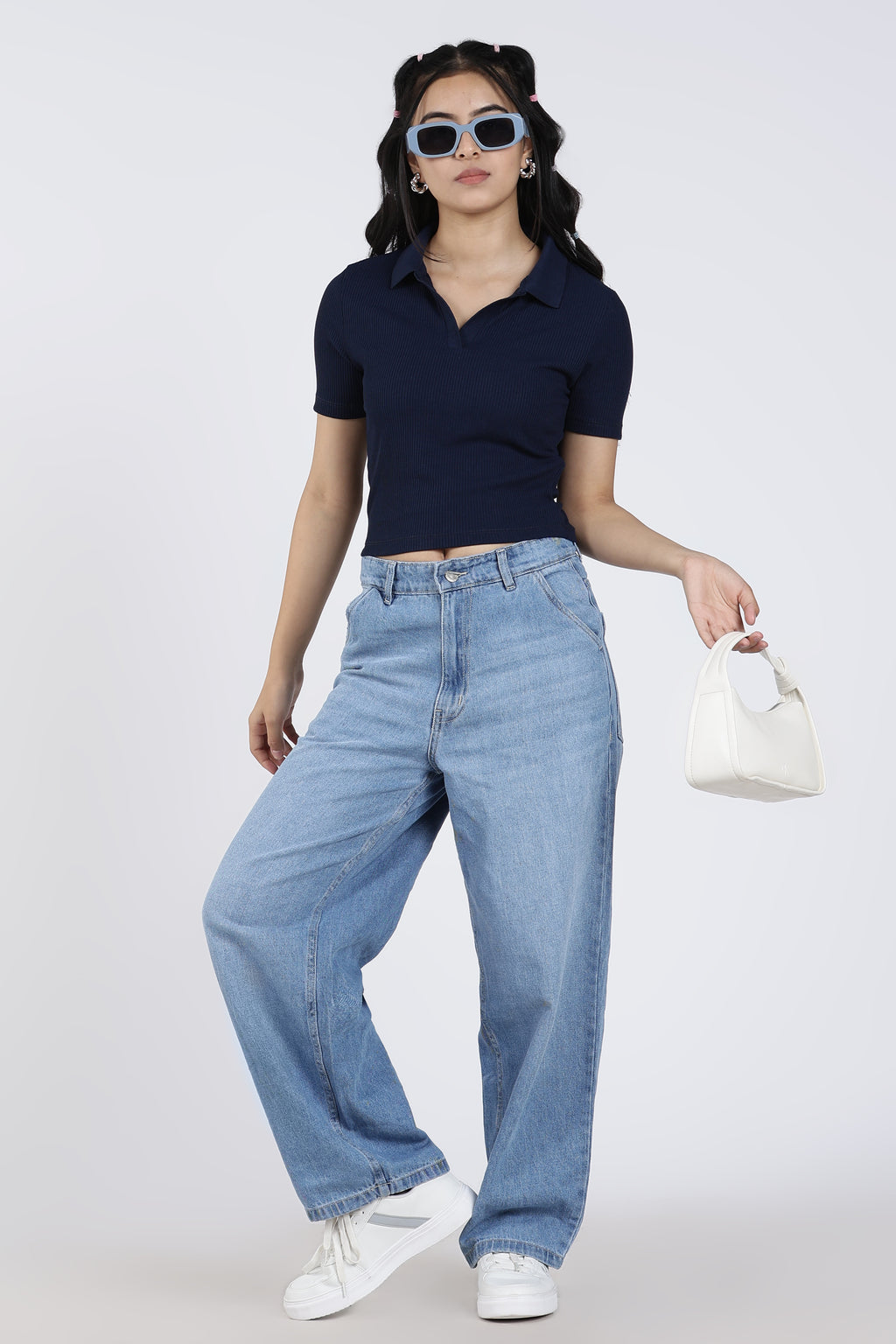 Navy Cotton Blend Regular Fit Polo T-Shirt for Women - Image 6