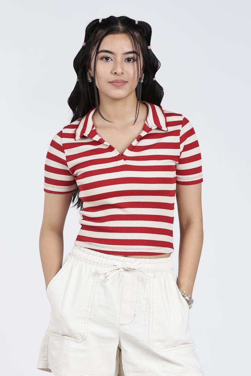 Red Cotton Blend Regular Fit Polo T-Shirt for Women - Image 2