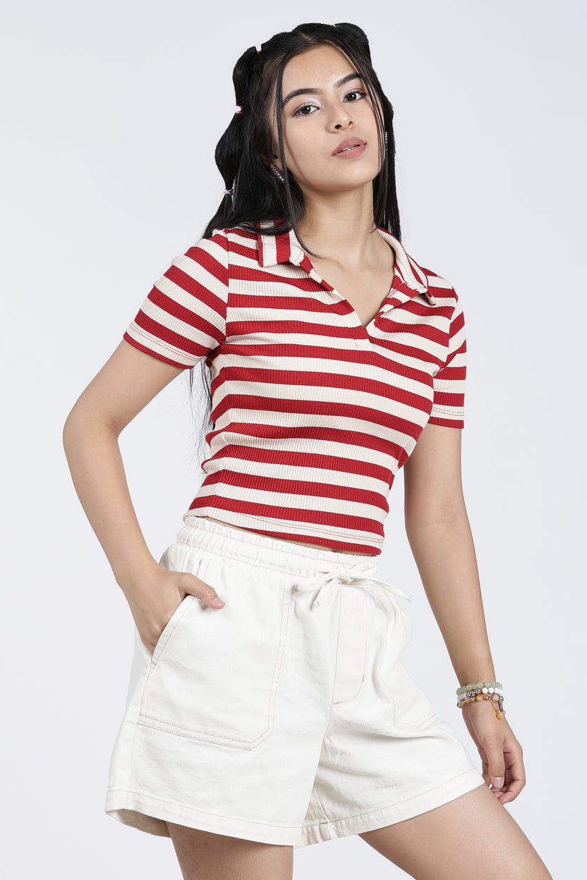 Red Cotton Blend Regular Fit Polo T-Shirt for Women - Image 4