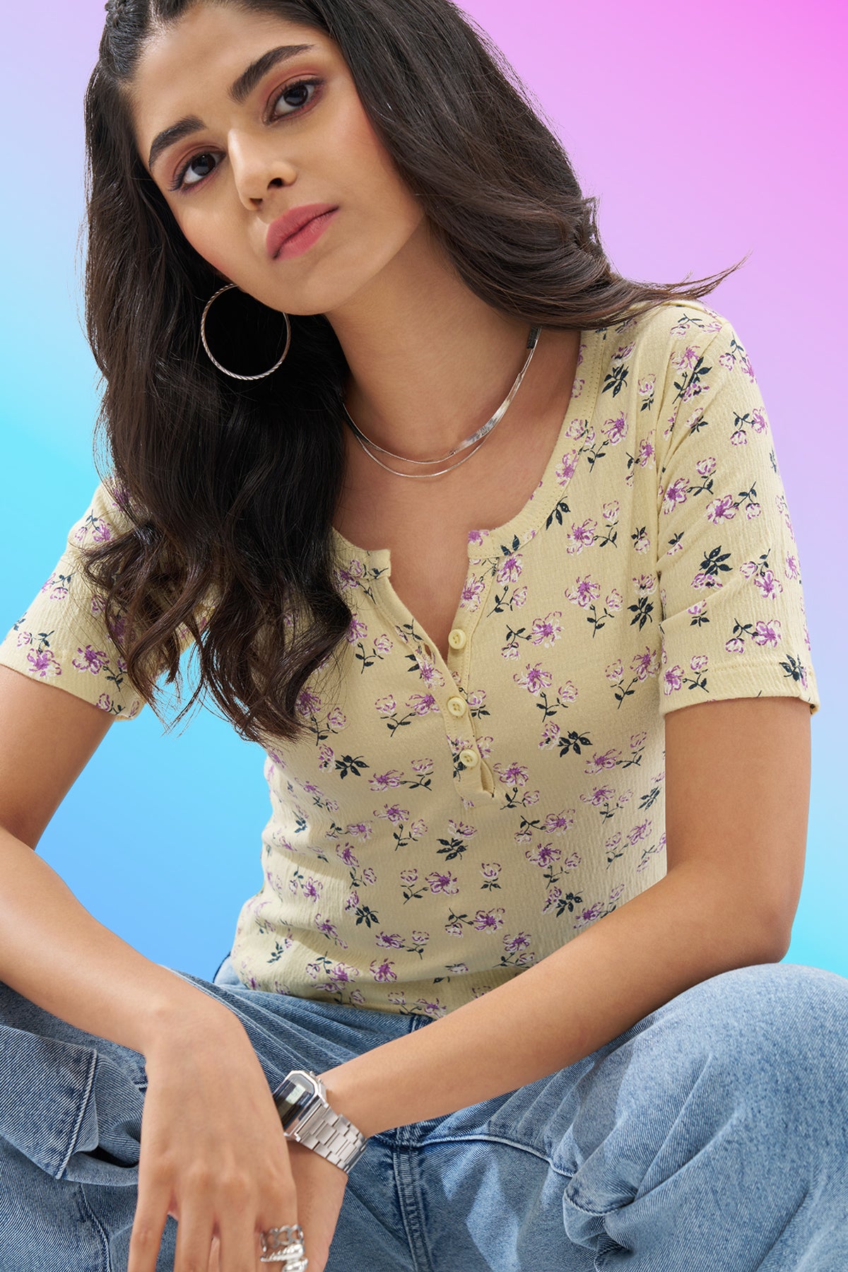 Light Yellow Floral Print Top for Women - Image 1