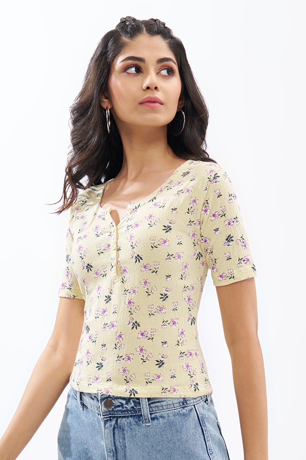 Light Yellow Floral Print Top for Women - Image 4