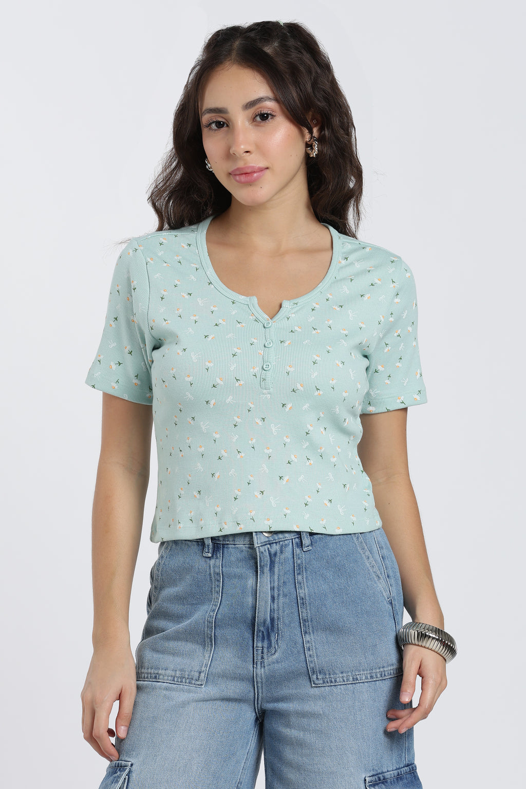 Light Blue Floral Print Regular Fit Top for Women - Image 2