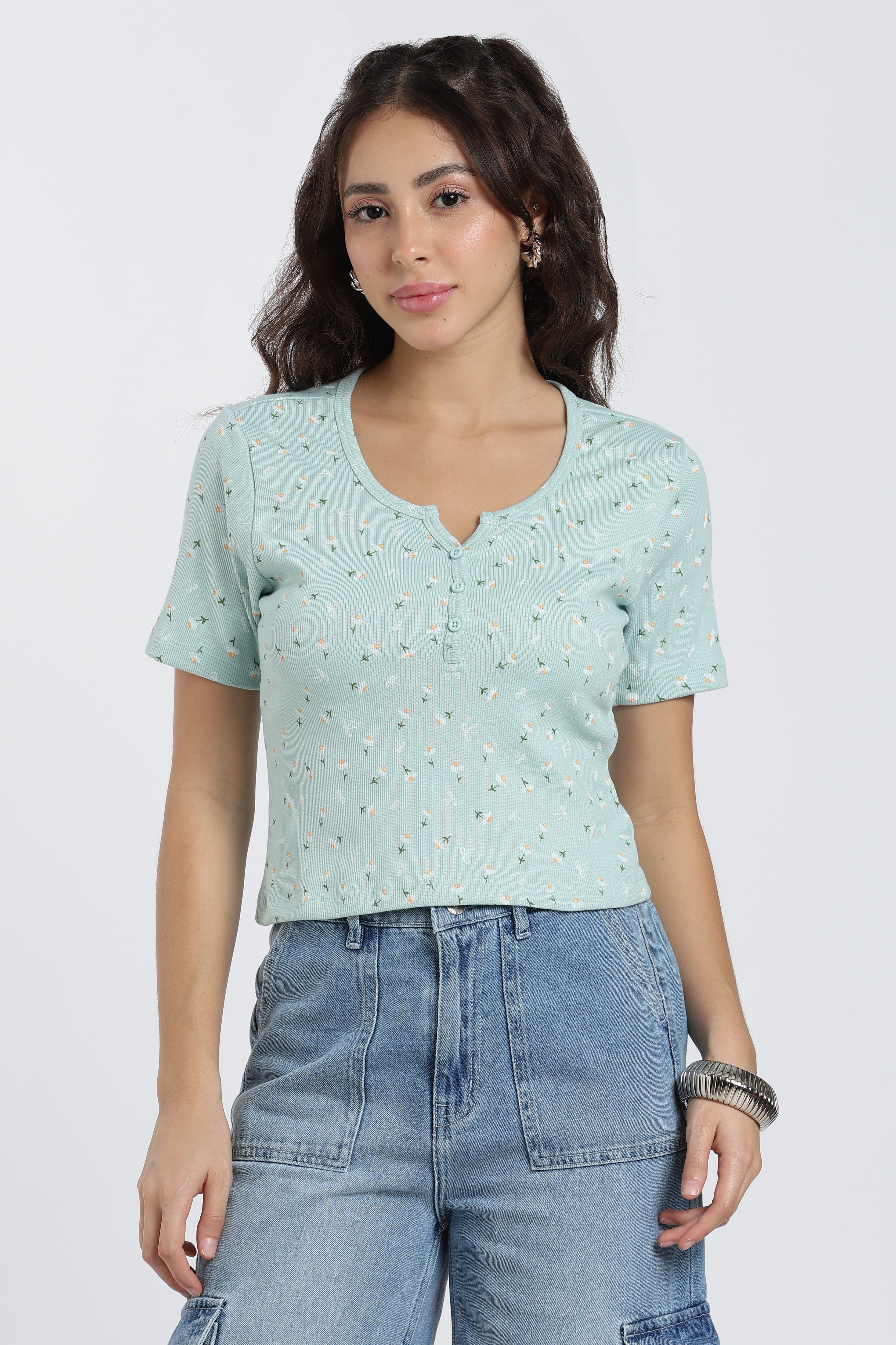 Light Blue Floral Print Regular Fit Top for Women - Image 2