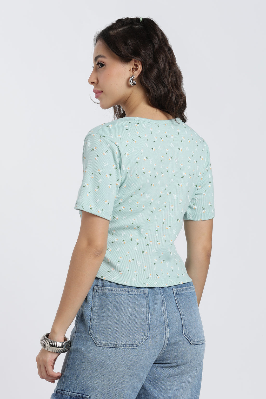 Light Blue Floral Print Regular Fit Top for Women - Image 5