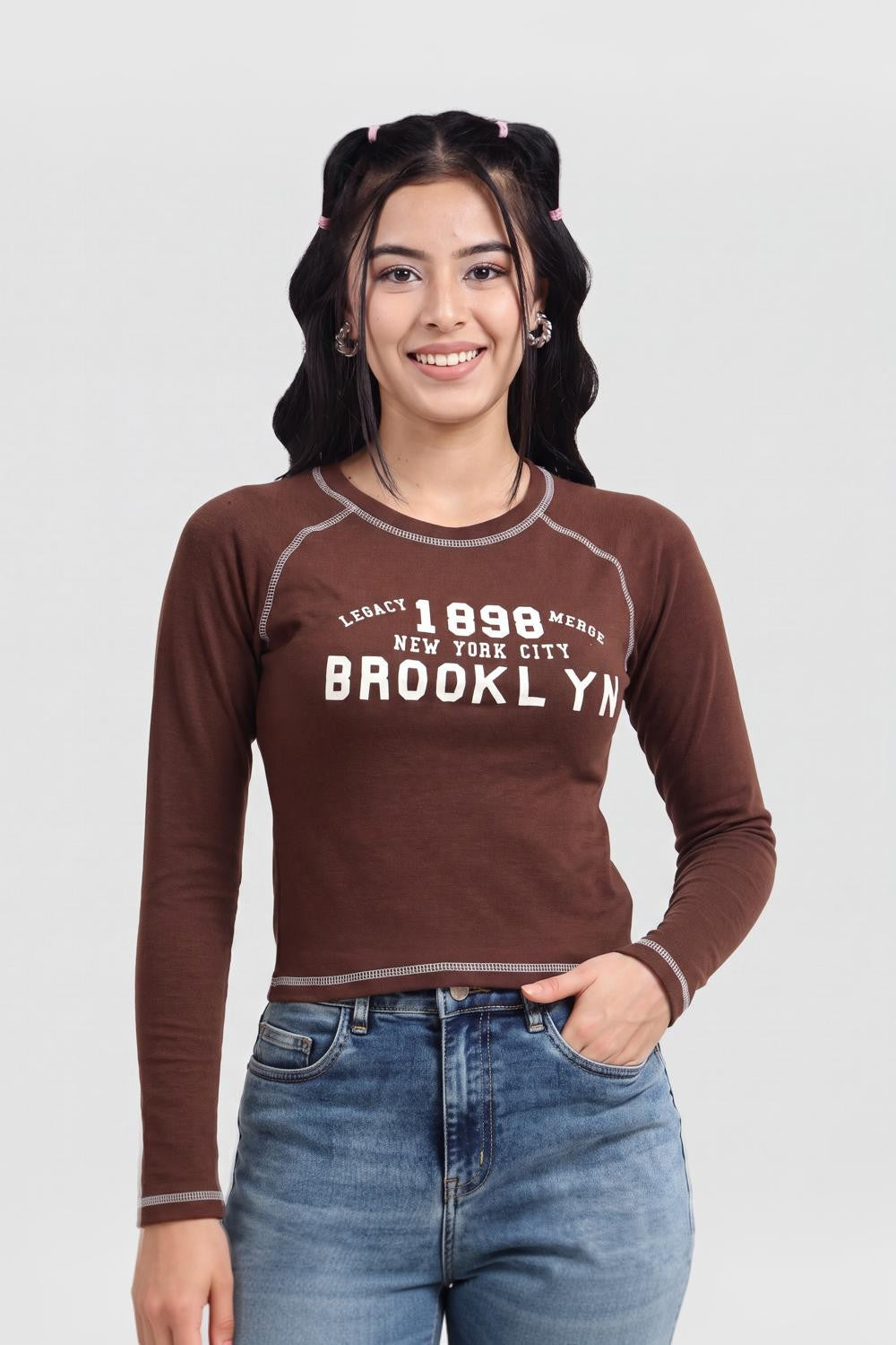 Brown Typographic Printed T-Shirt For Women - Image 2