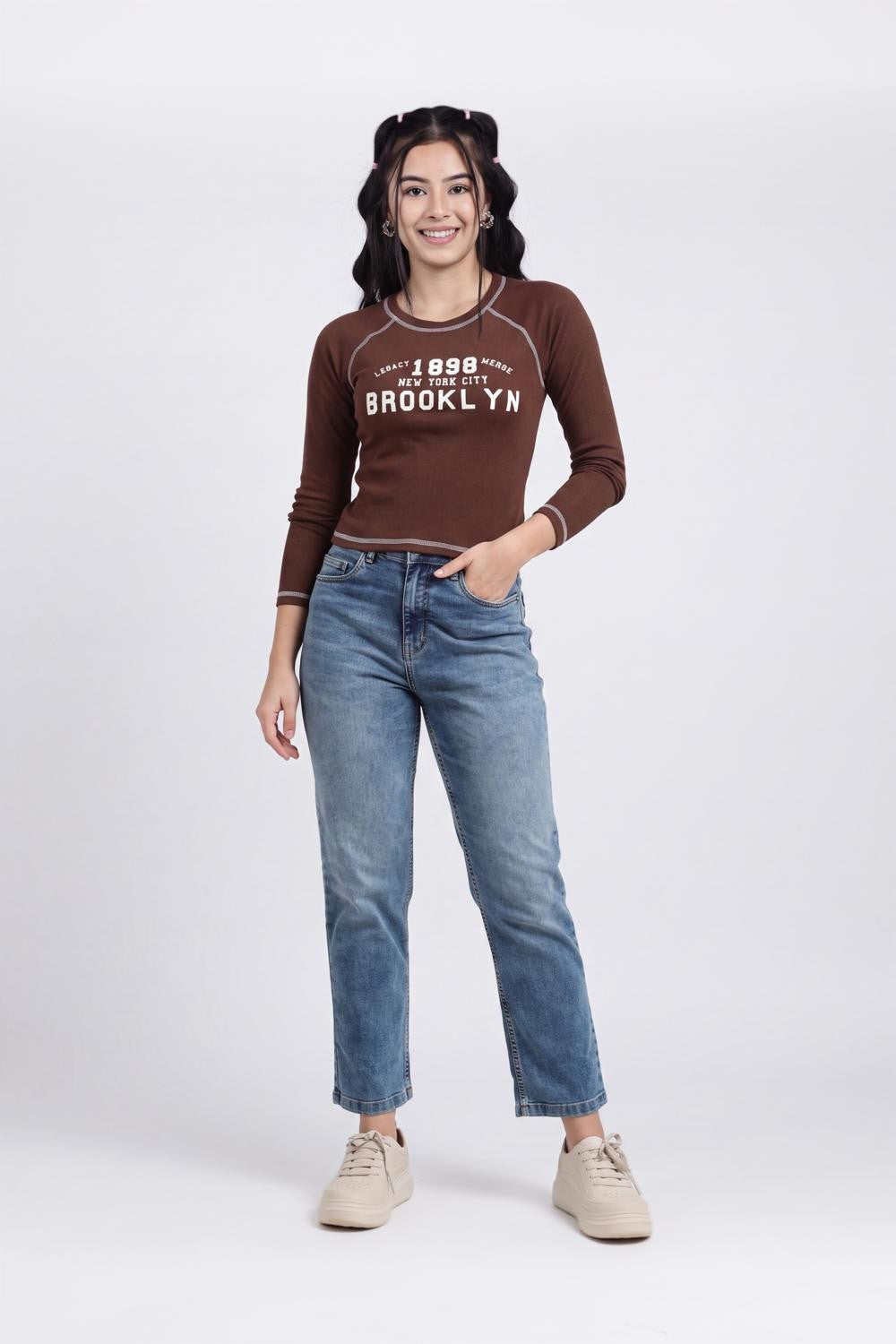 Brown Typographic Printed T-Shirt For Women - Image 6
