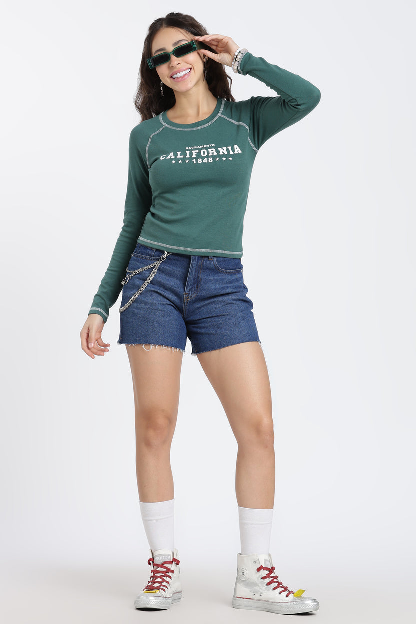 Dark Green Raglan Sleeves Regular Fit T-Shirt For Women - Image 6