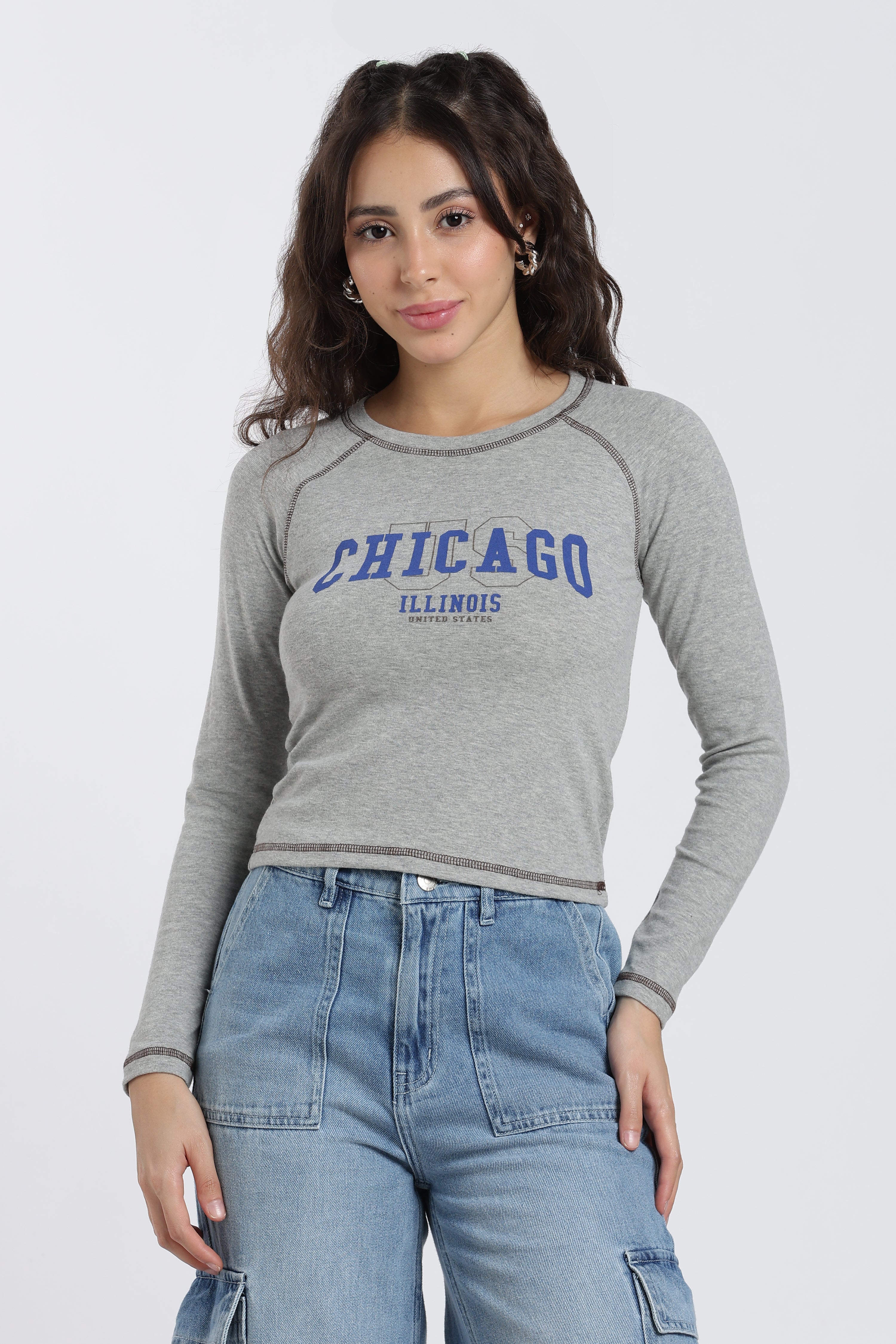 Grey Raglan Sleeves Regular Fit T-Shirt for Women - Image 2