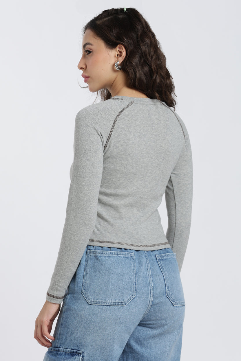 Grey Raglan Sleeves Regular Fit T-Shirt For Women - Image 5