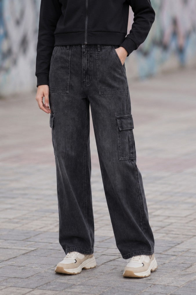 Charcoal Regular Fit Cargo Jeans for Women - Image 1