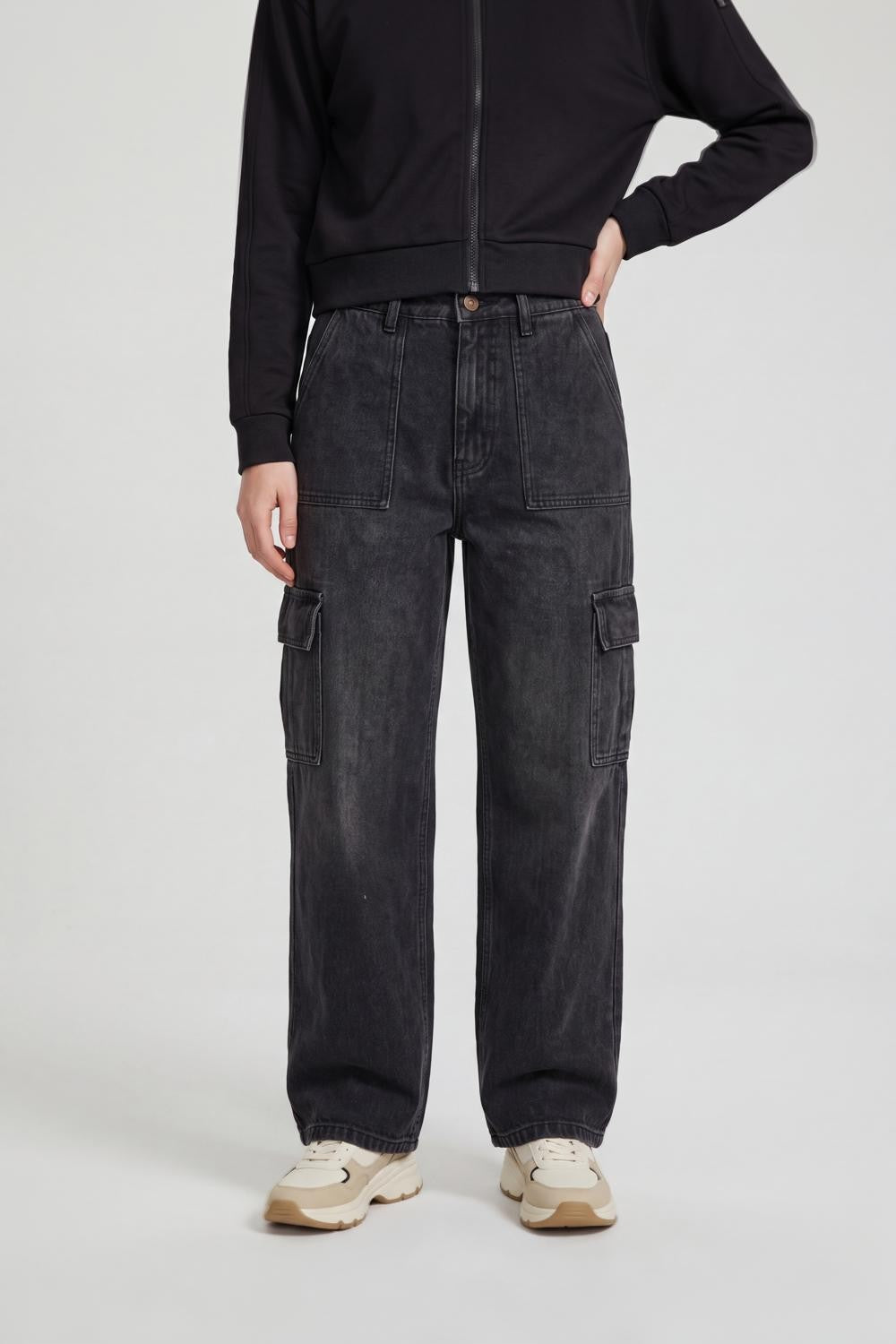 Charcoal Regular Fit Cargo Jeans for Women - Image 2