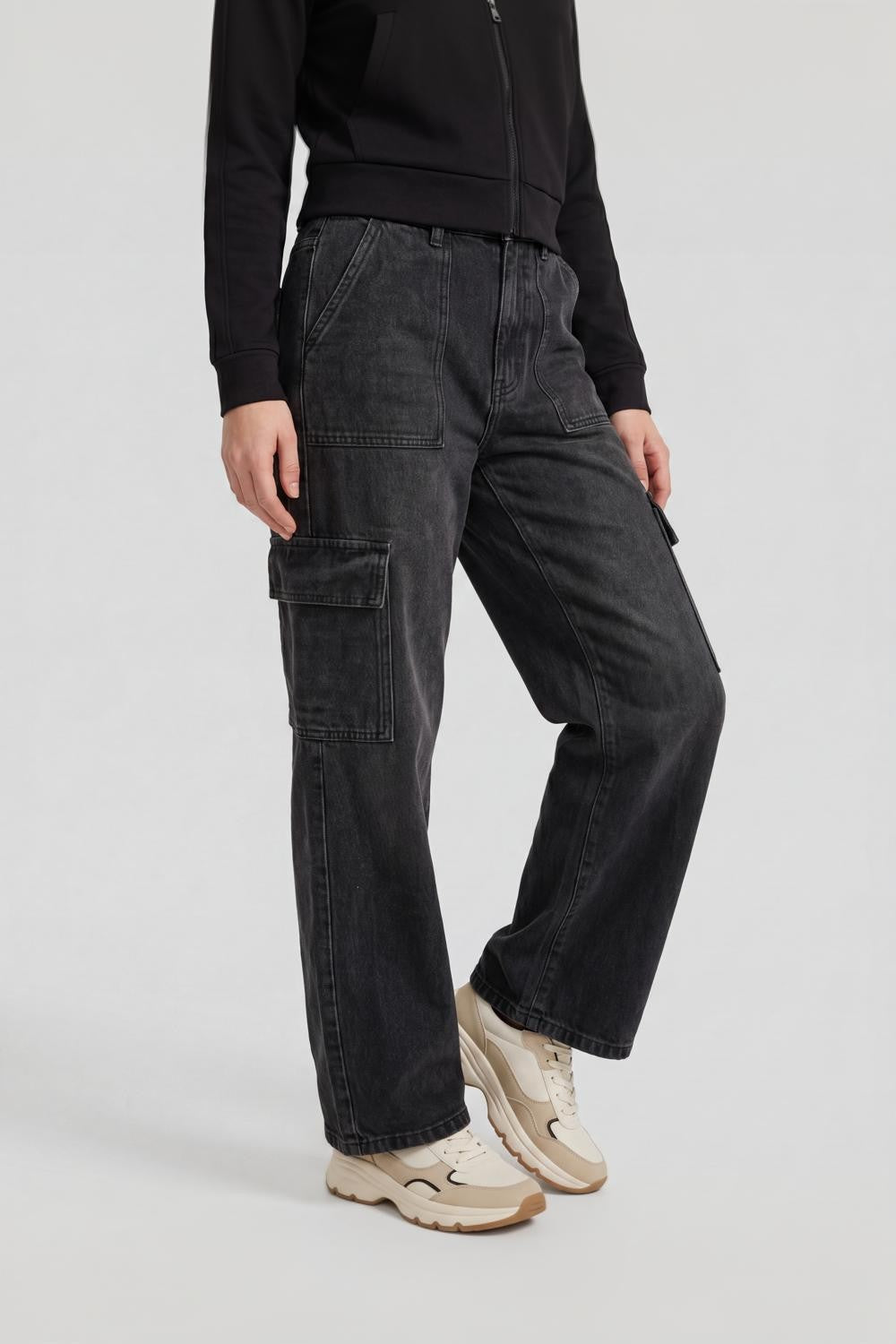 Charcoal Regular Fit Cargo Jeans for Women - Image 4