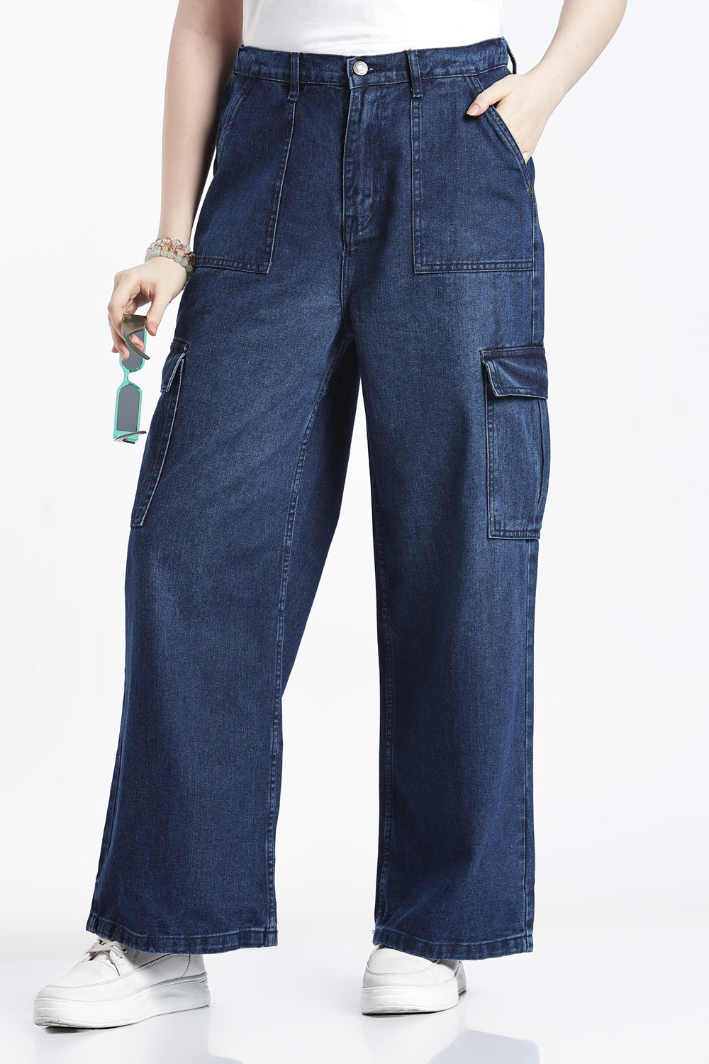 Navy Wide Leg Fit Jeans With 6 Pocket for Women - Image 1