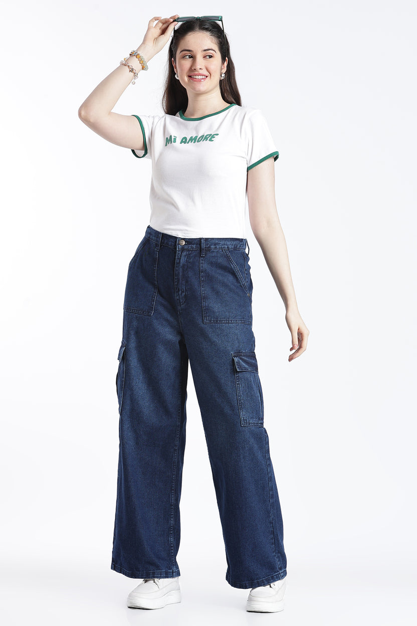 Navy Wide Leg Fit Jeans With 6 Pocket for Women - Image 6