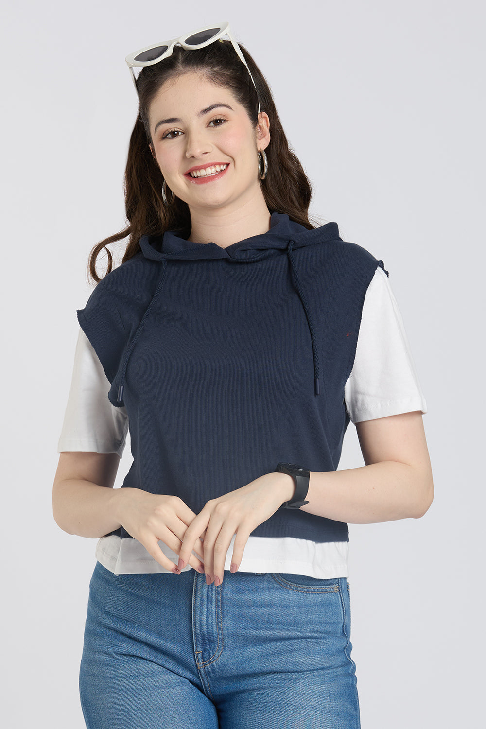 Navy Hooded Boxy Fit Top for Women - Image 1