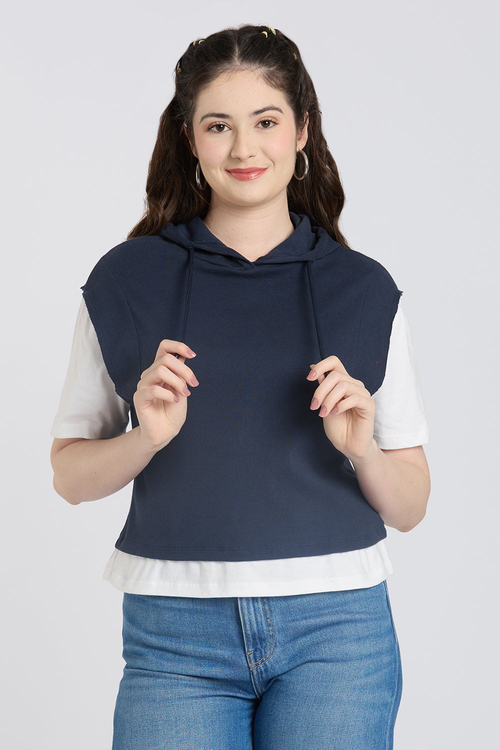 Navy Hooded Boxy Fit Top for Women - Image 2