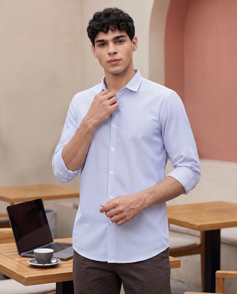 Blue Cotton Blend Regular Fit Shirt For Men - Image 1