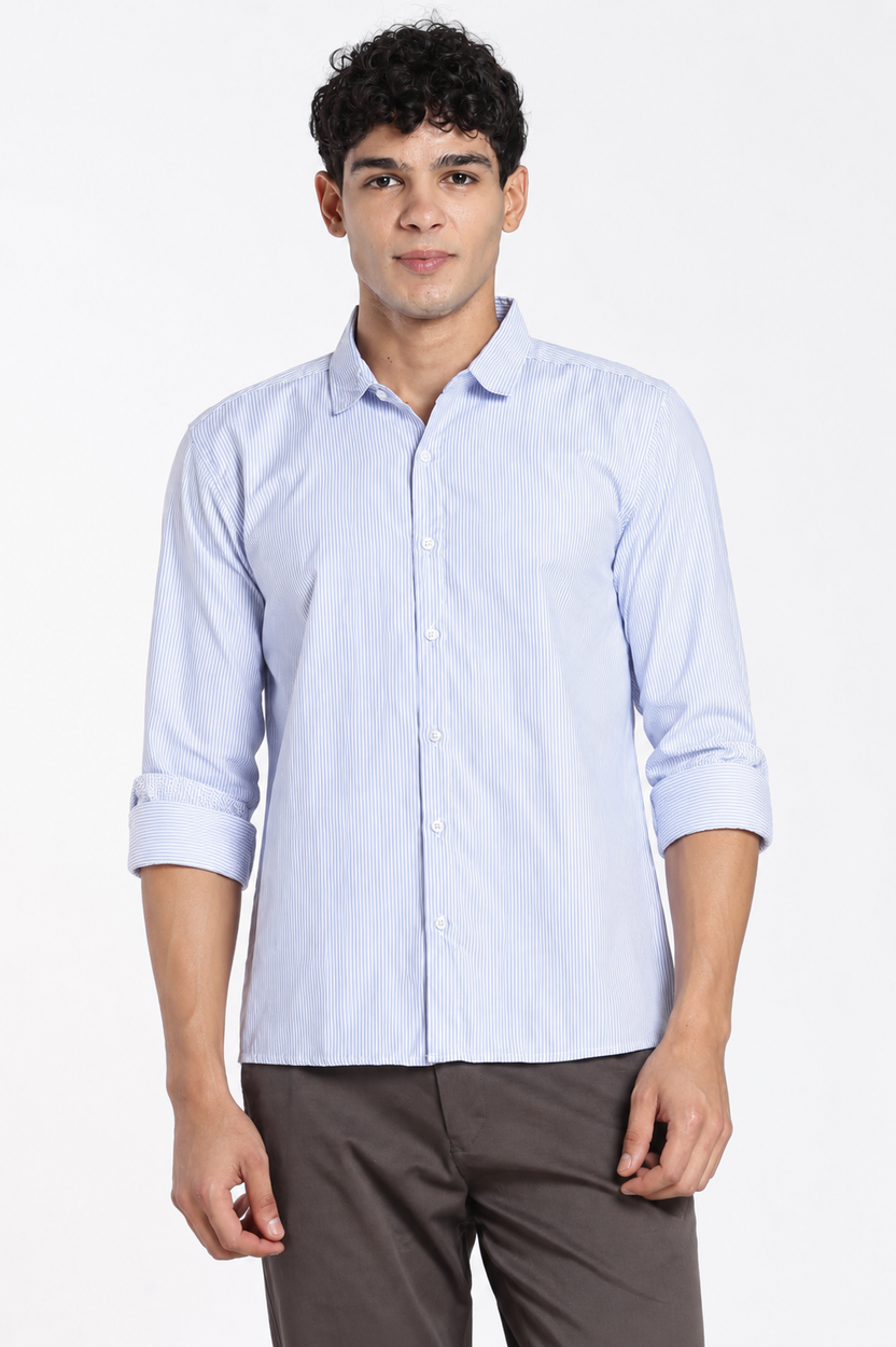 Blue Cotton Blend Regular Fit Shirt For Men - Image 2