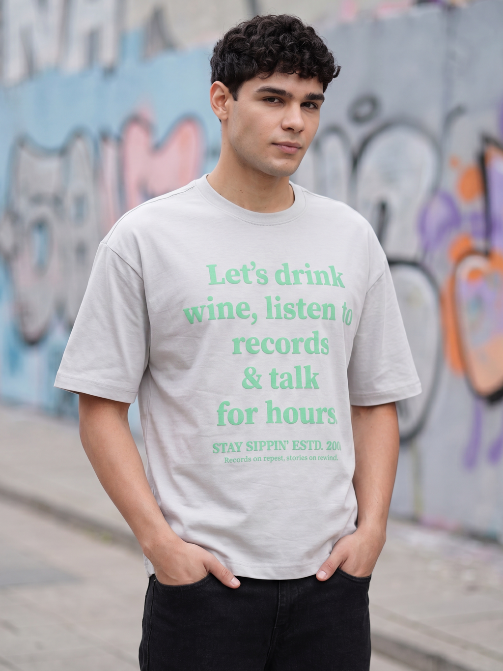 Grey Typographic Printed Regular Fit T-Shirt for Men - Image 1