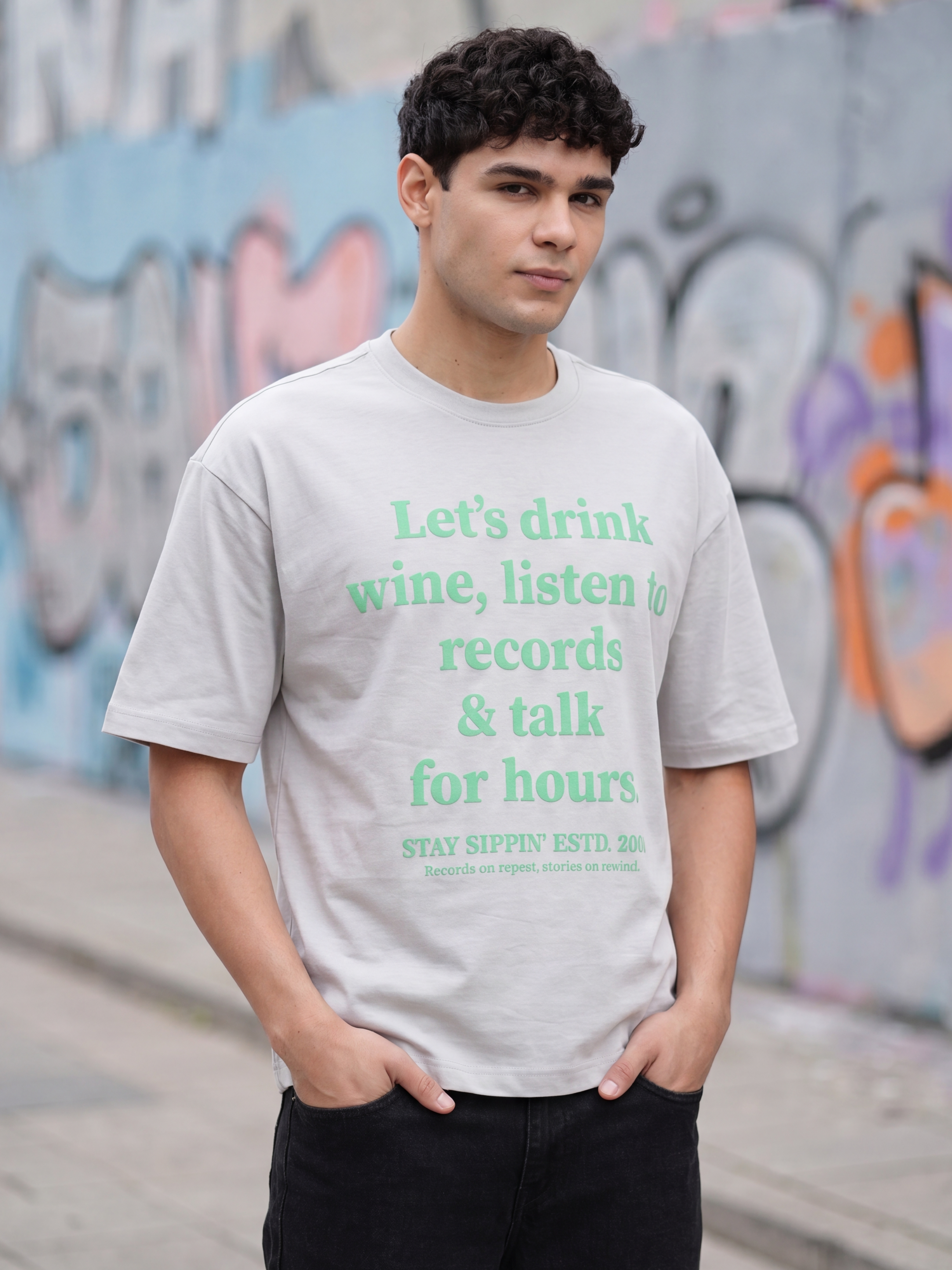 Grey Typographic Printed Regular Fit T-Shirt for Men - Image 1